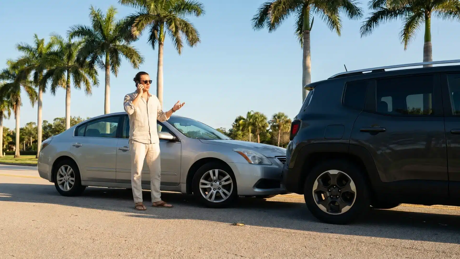 Two cars after a Florida car accident, illustrating legal steps barefoot drivers should take after a crash