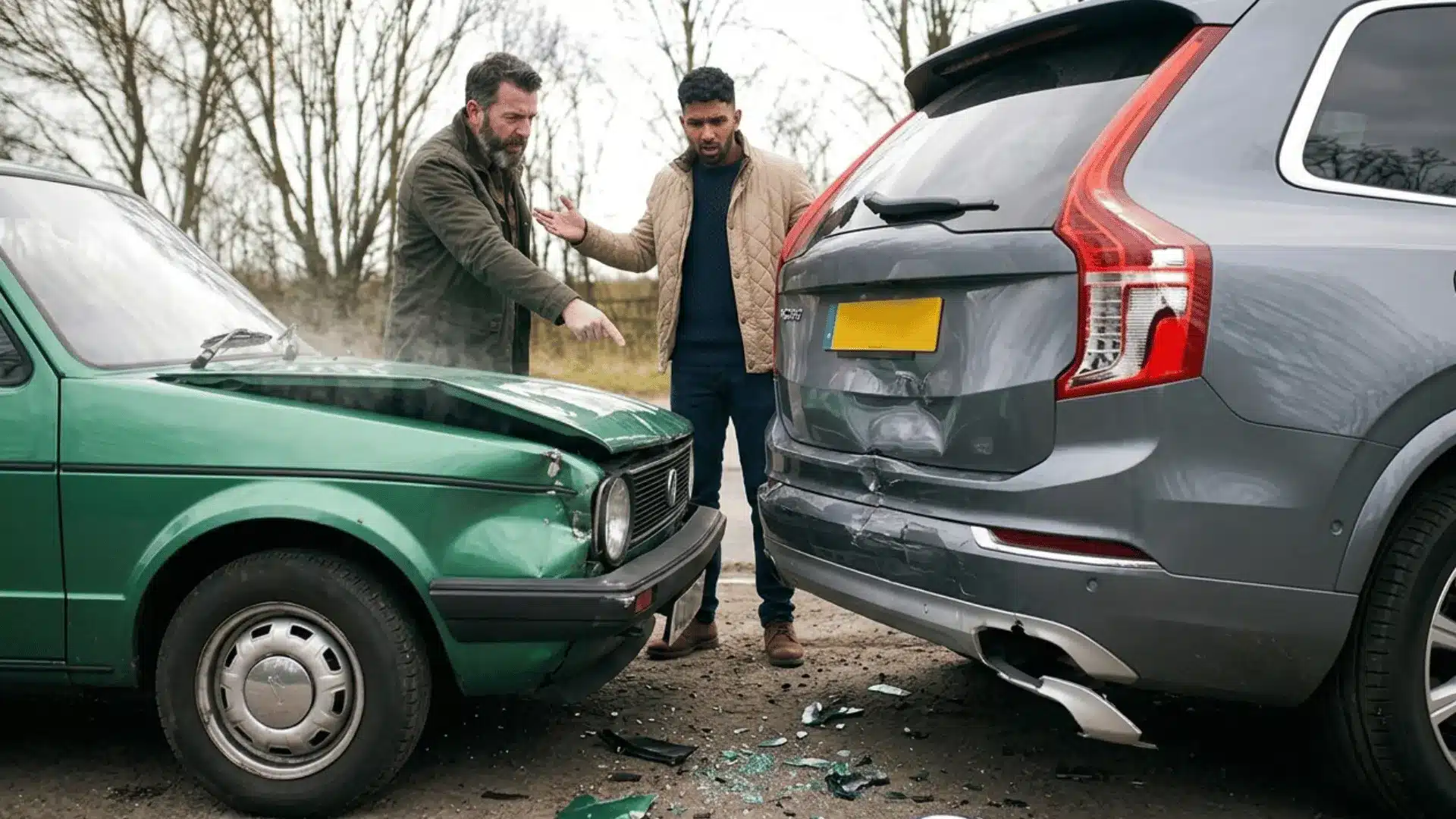 Two drivers discussing fault after a rear end car accident with visible vehicle damage