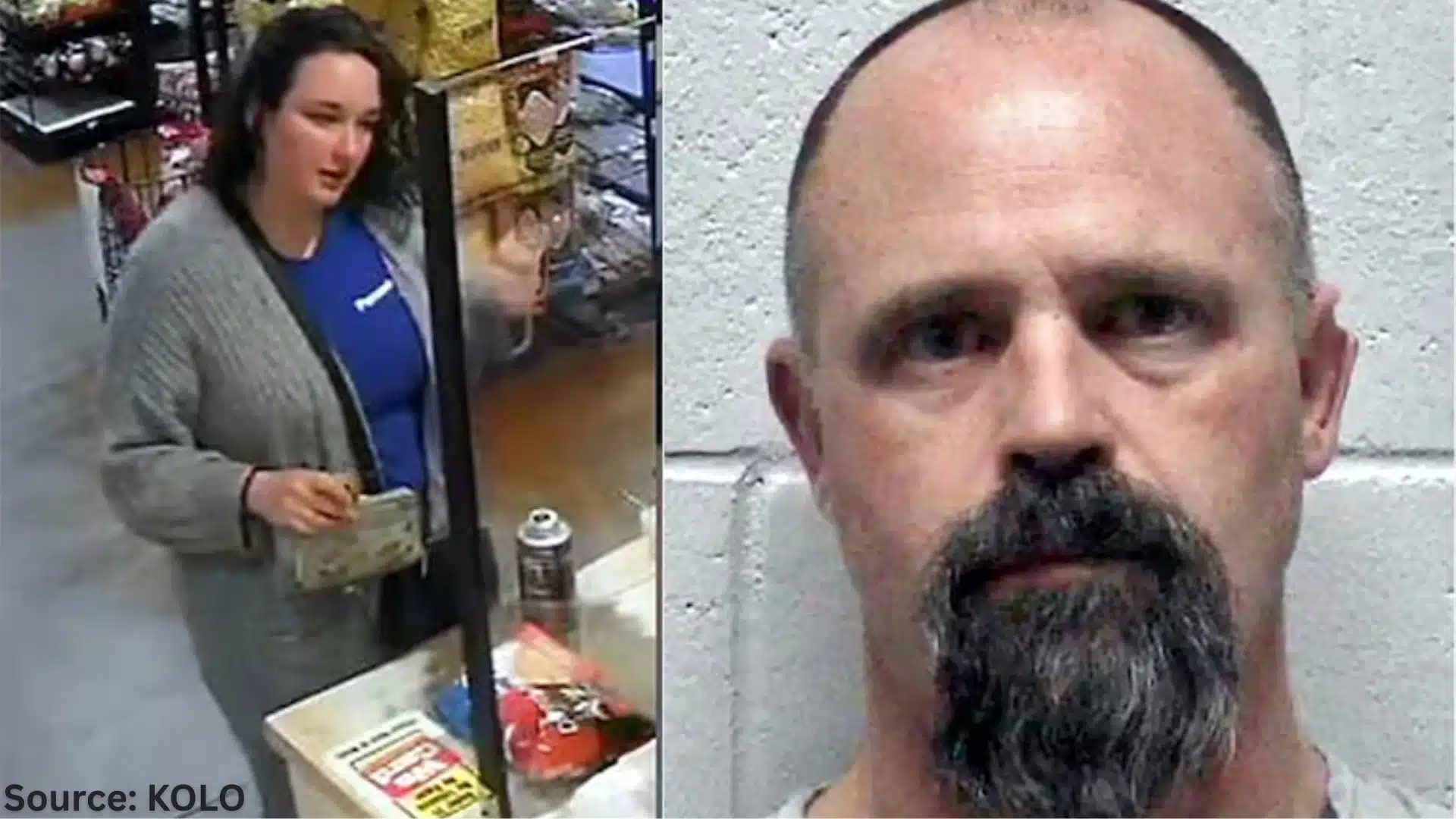 Two images side by side left, woman with dark hair in gray cardigan at store checkout holding money; right, bald man with dark goatee against white wall
