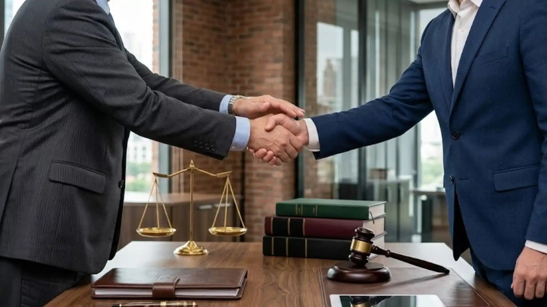 Two lawyers shake hands across a conference table after reaching a personal injury mediation settlement agreement