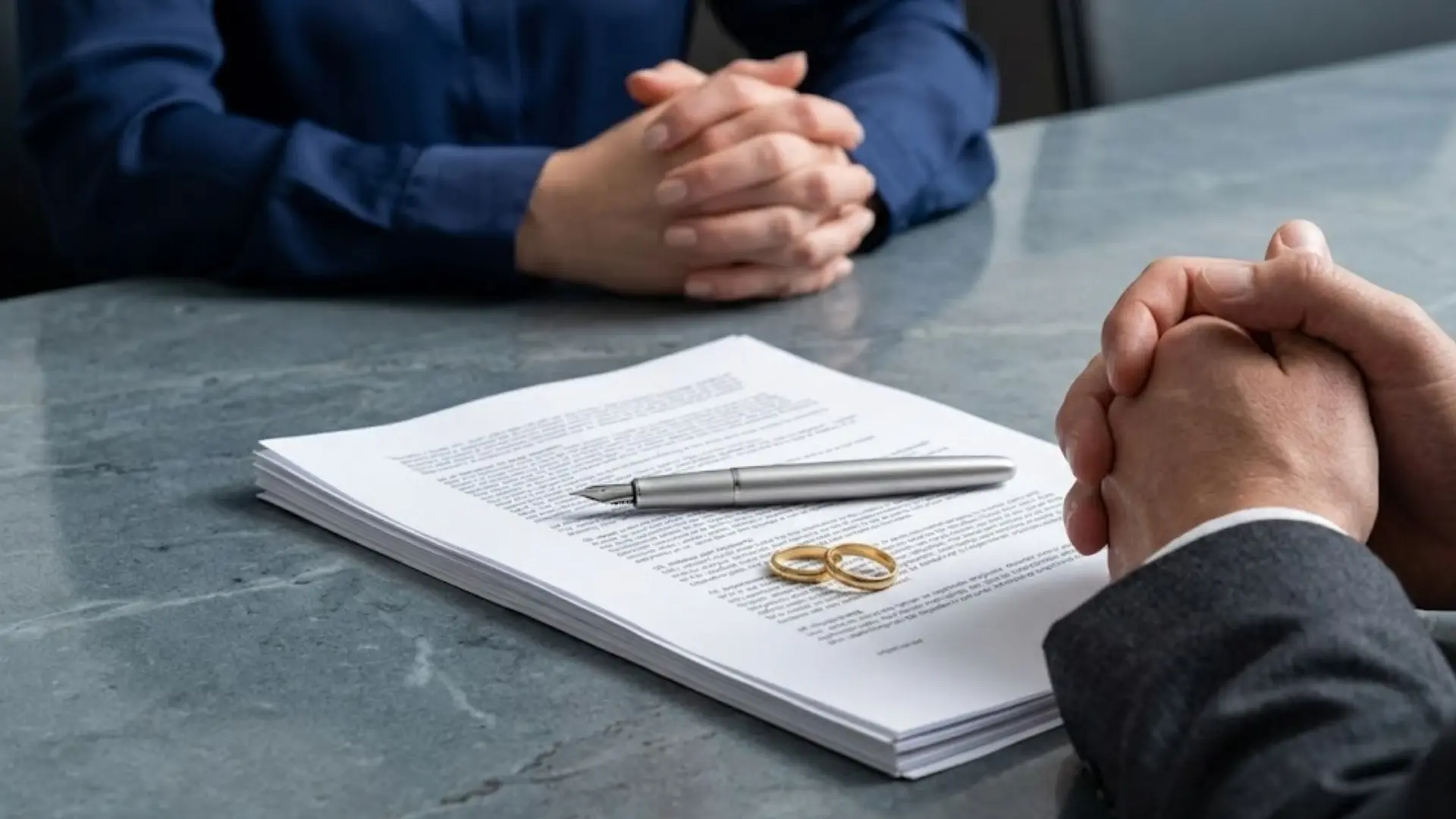 Two pairs of clasped hands face a stack of papers, two gold rings, and a pen on a stone table