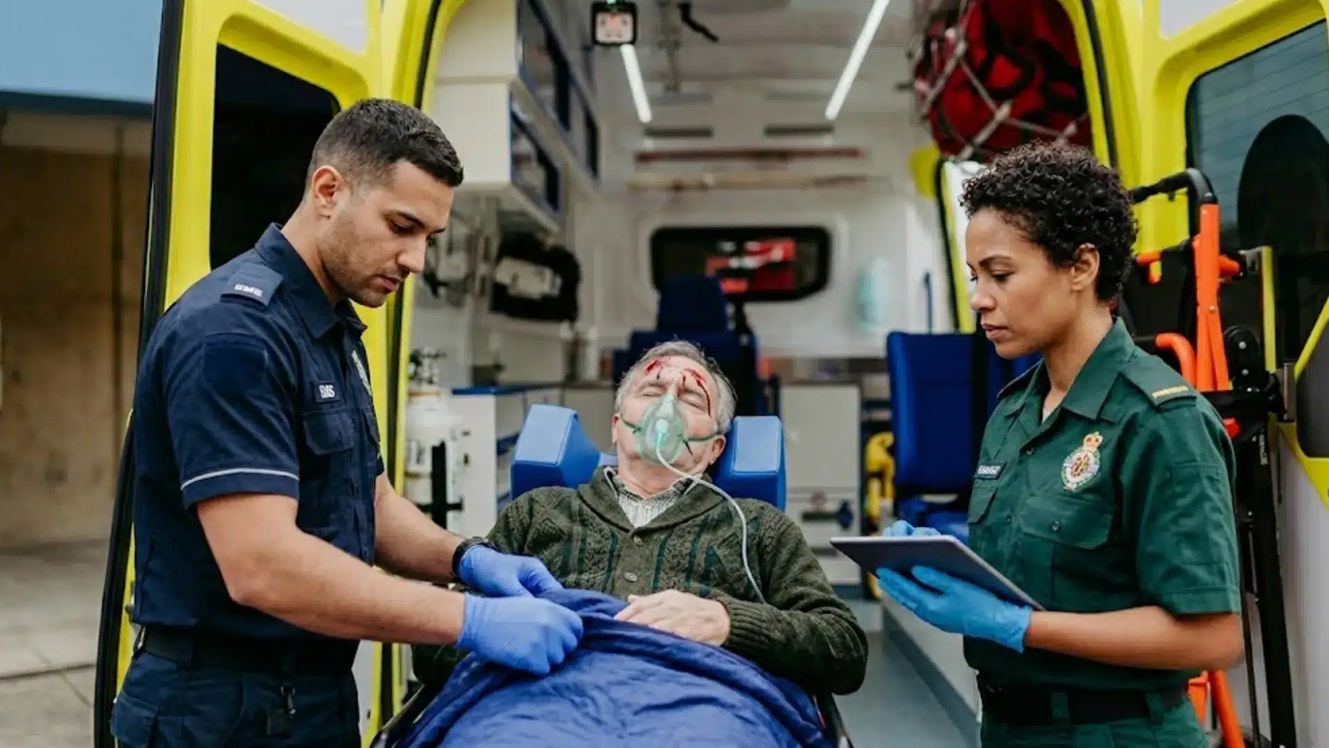 Two paramedics help an elderly male patient with a head injury in the back of an ambulance