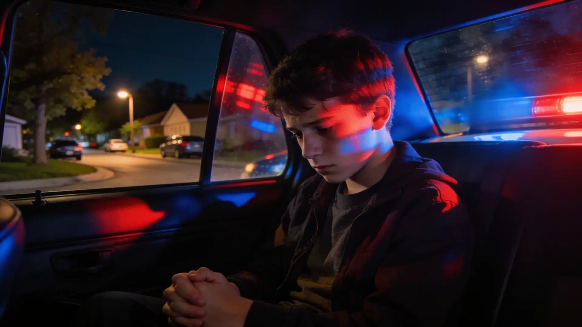 Underage driver detained in police car after a DUI stop at night