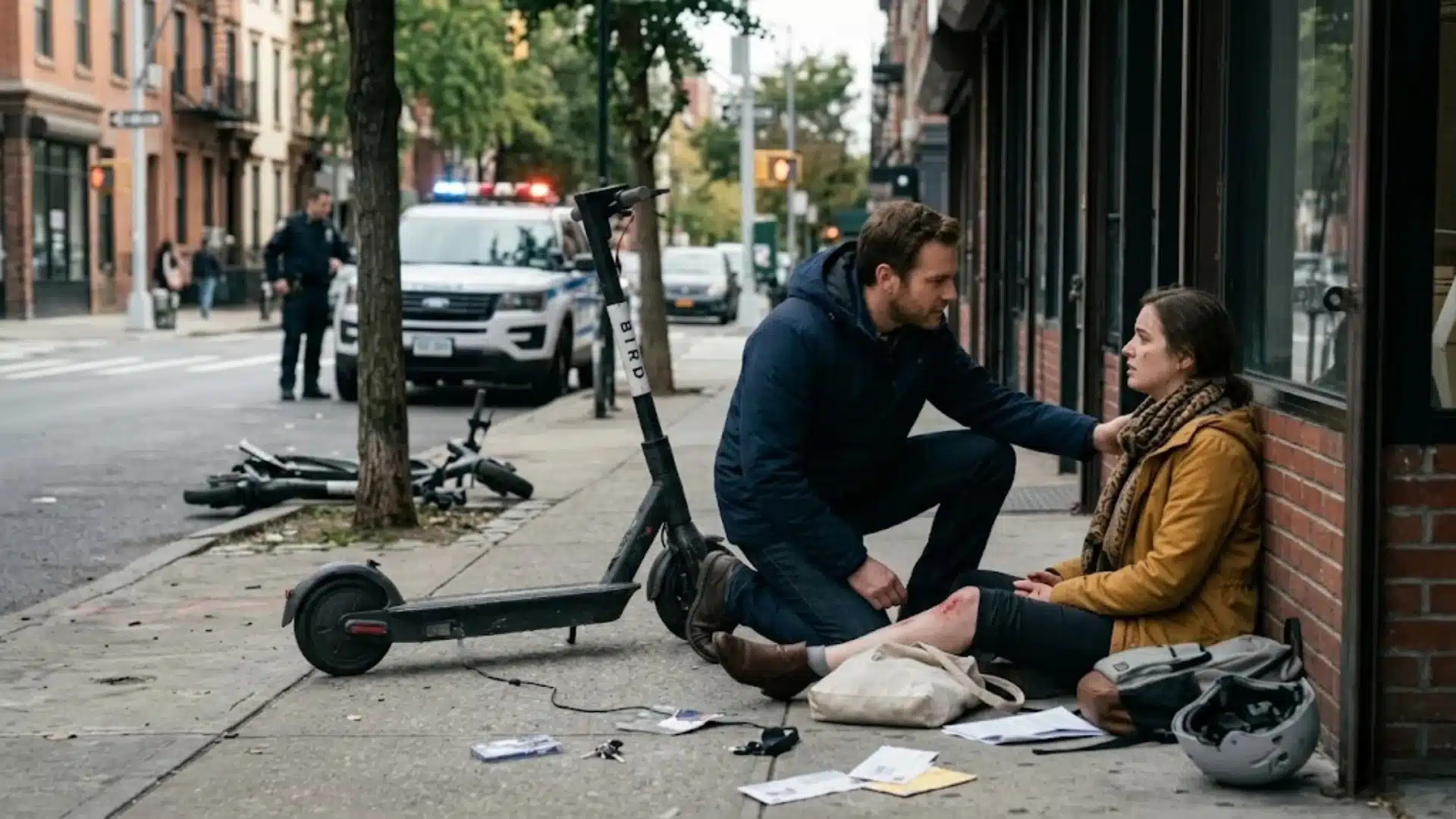 Woman injured in a scooter accident sits against a wall while a man checks on her