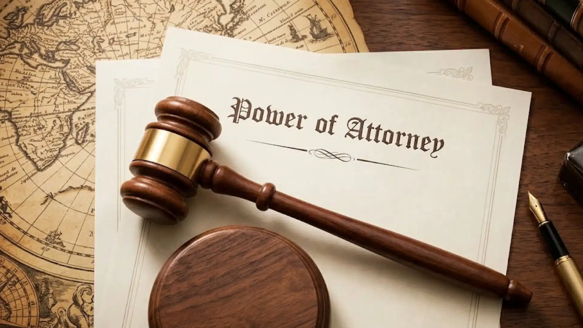 Wooden gavel on a Power of Attorney document with vintage map, pen, and legal tools on desk