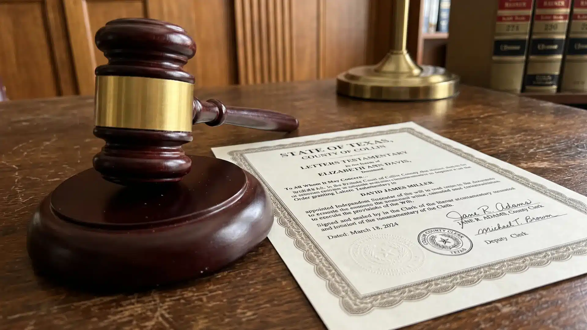 Wooden judge’s gavel beside an official Texas probate document with altered signature on a law office desk