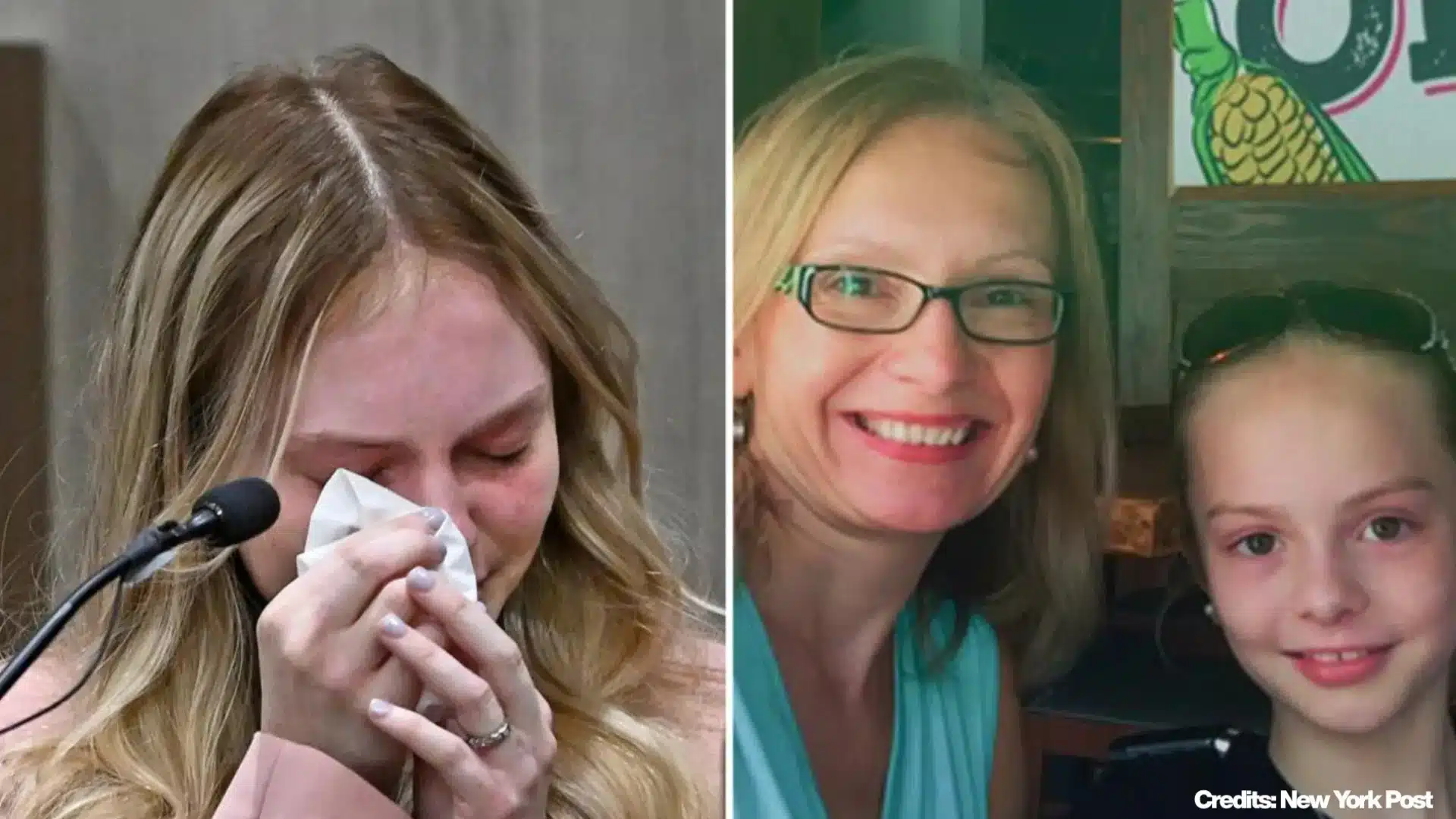 Young woman crying in court beside childhood photo with older woman and New York Post credit