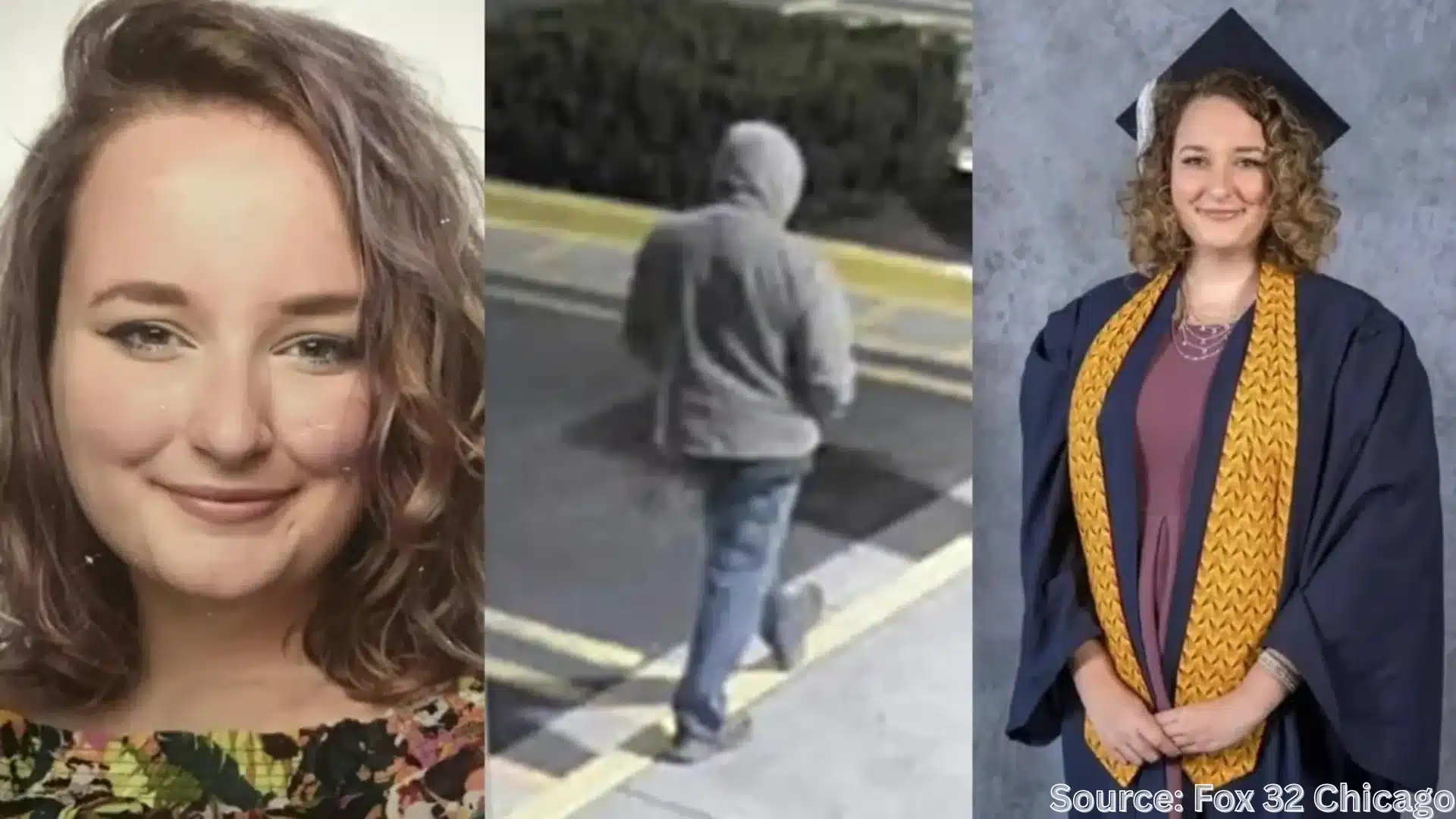 young woman smiling with wavy hair in floral top, person walking in gray hoodie, same woman in graduation gown