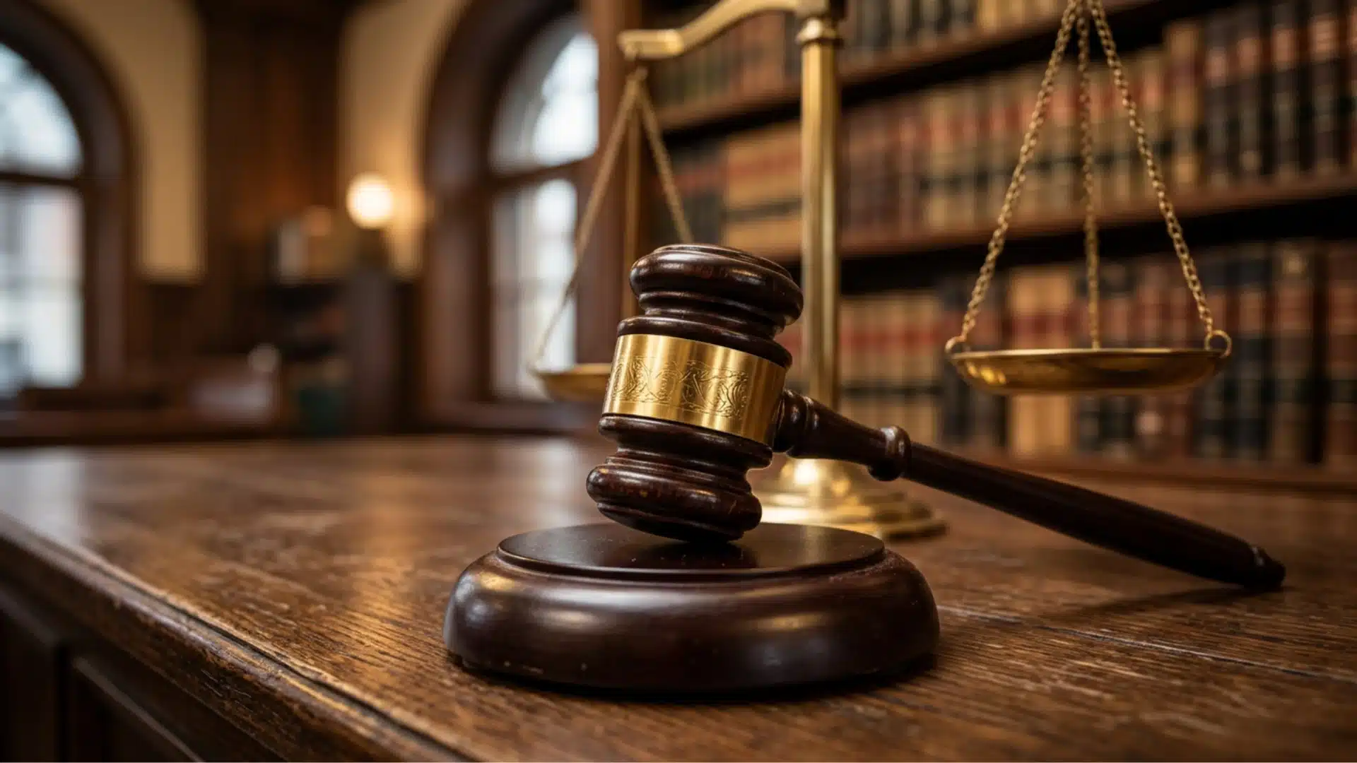 A close-up of a wooden gavel on a desk with a scale of justice and law books in the blurred background