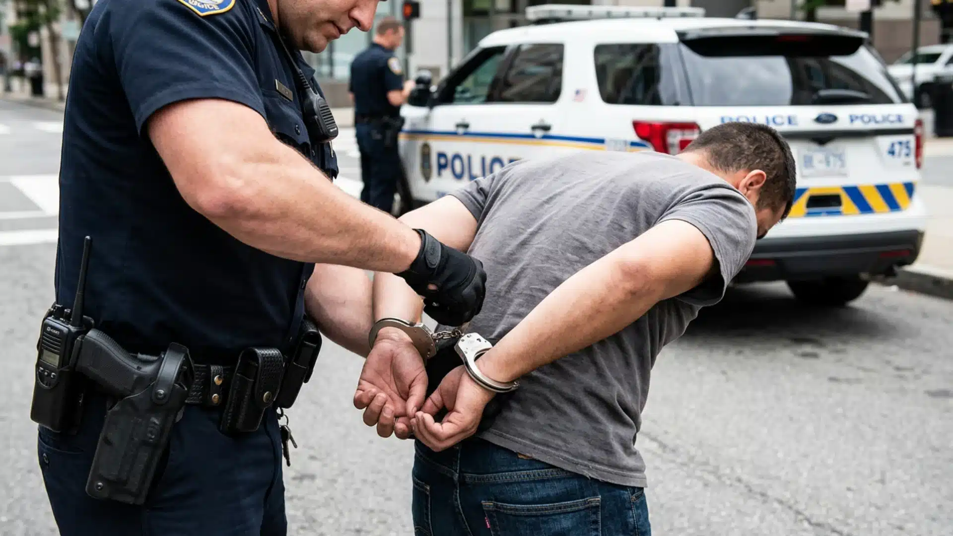 A close-up shot of a police officer putting handcuffs on a suspect with a patrol car in the background