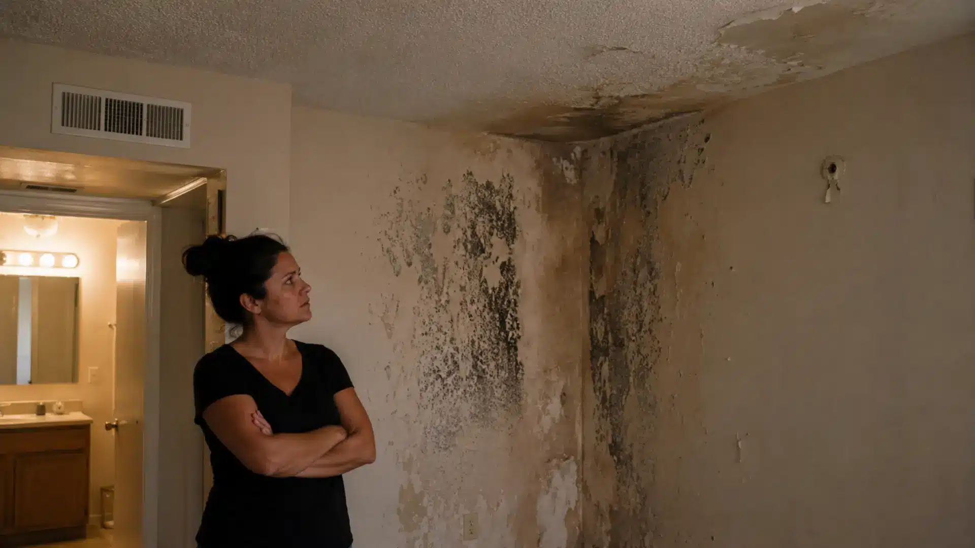 A distressed female tenant in her late 30s standing in a poorly maintained Las Vegas apartment