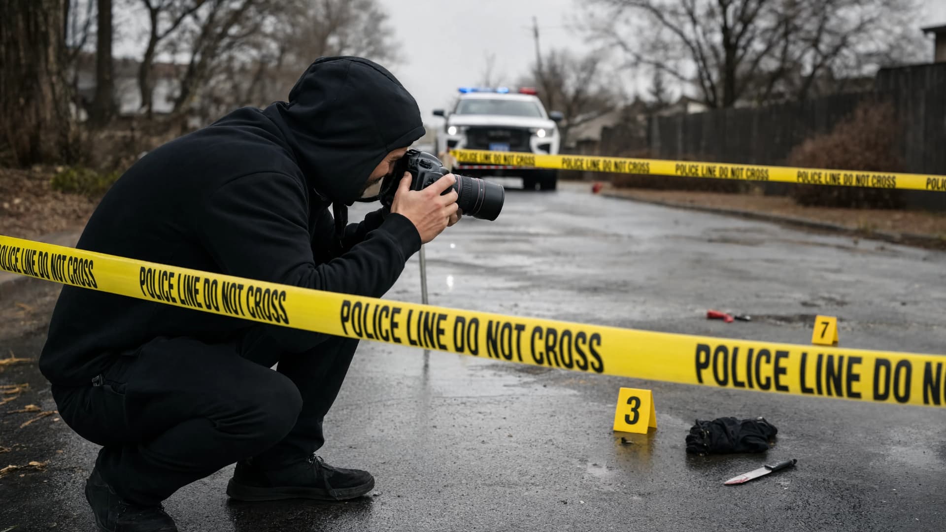A photographer in a black hoodie crouches behind yellow police tape to photograph evidence at an outdoor crime scene