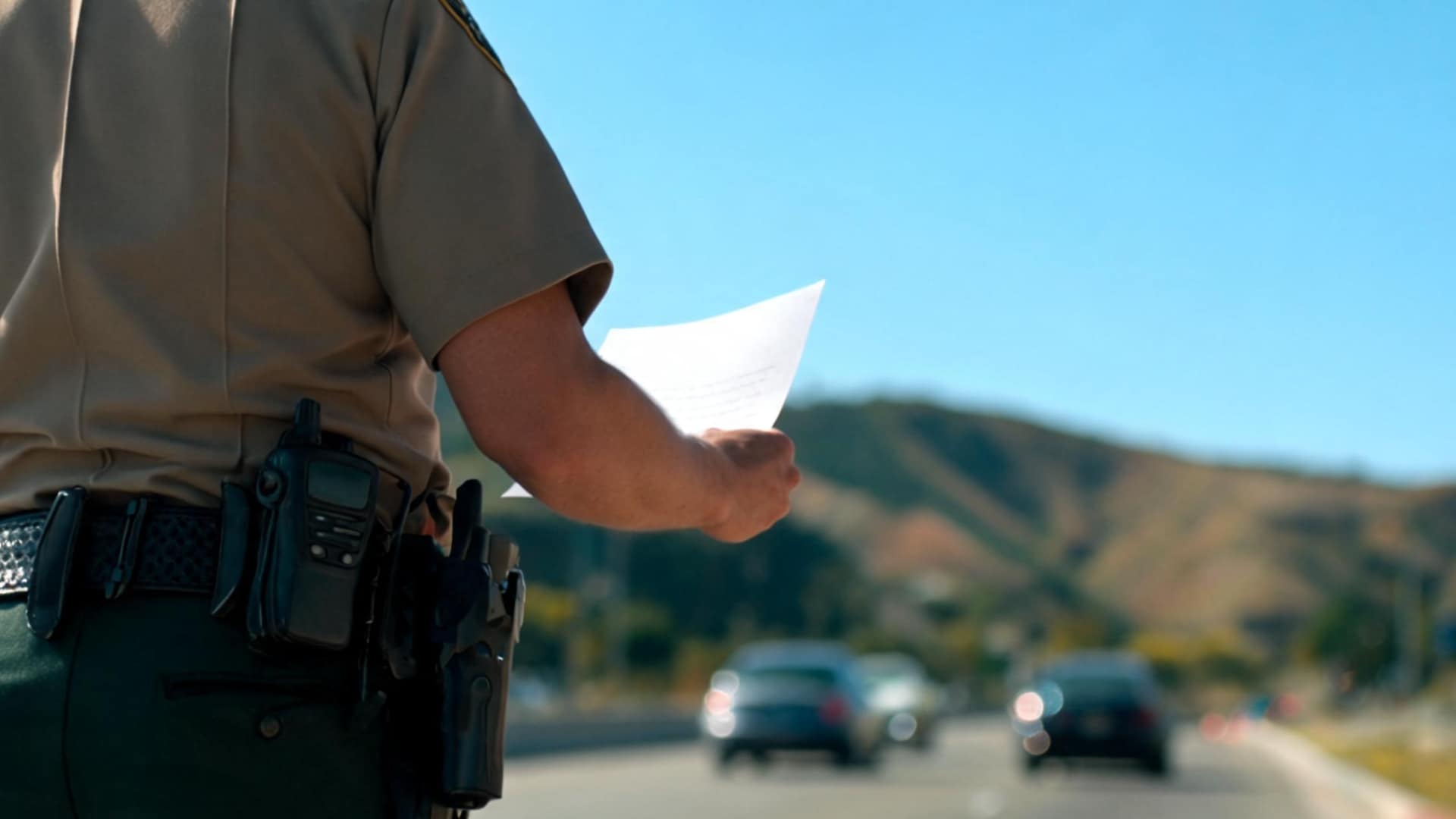 A police officer in uniform stands by a highway holding a document, viewed from behind