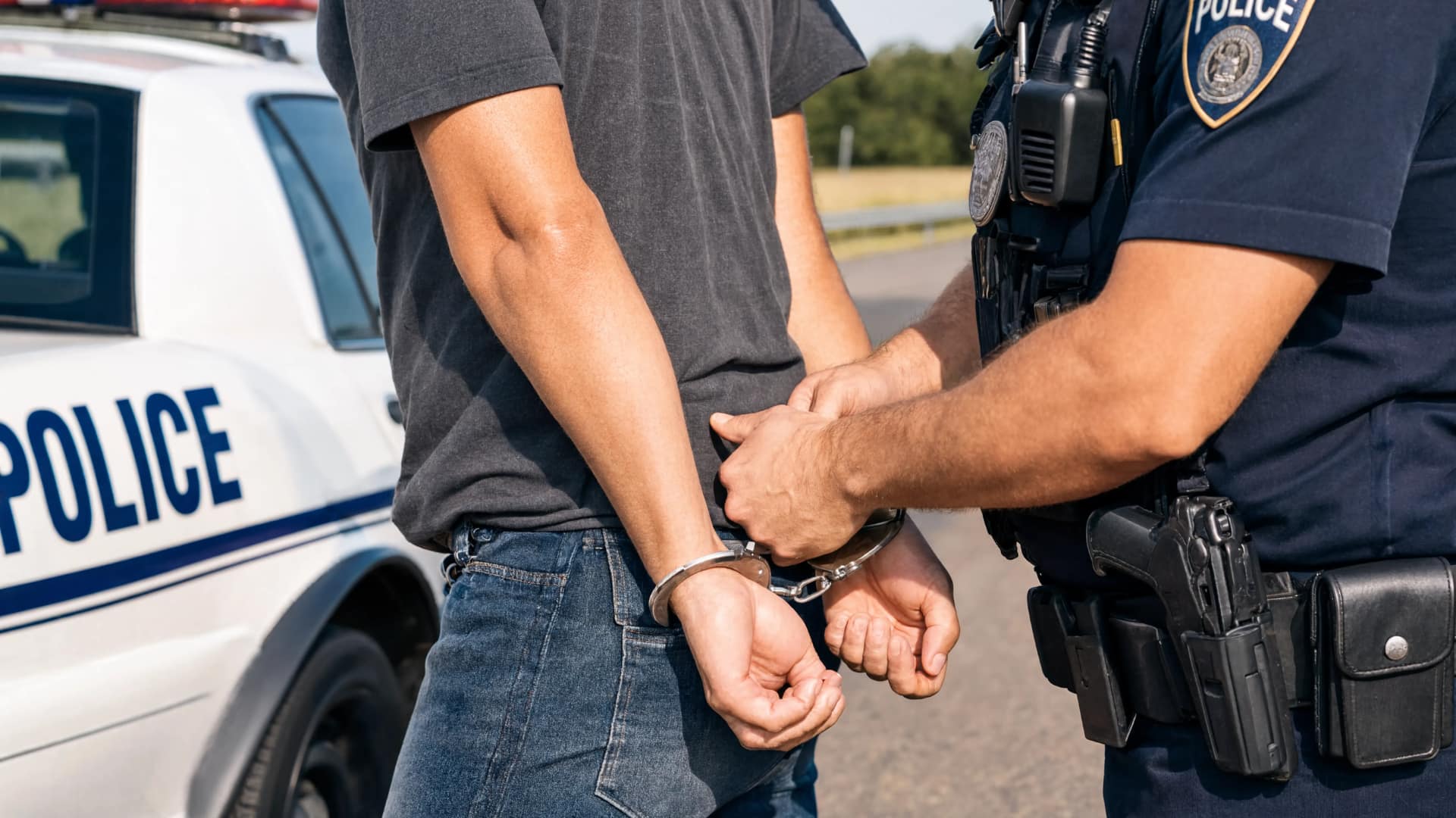 A police officer places handcuffs on a man next to a police cruiser during a roadside arrest