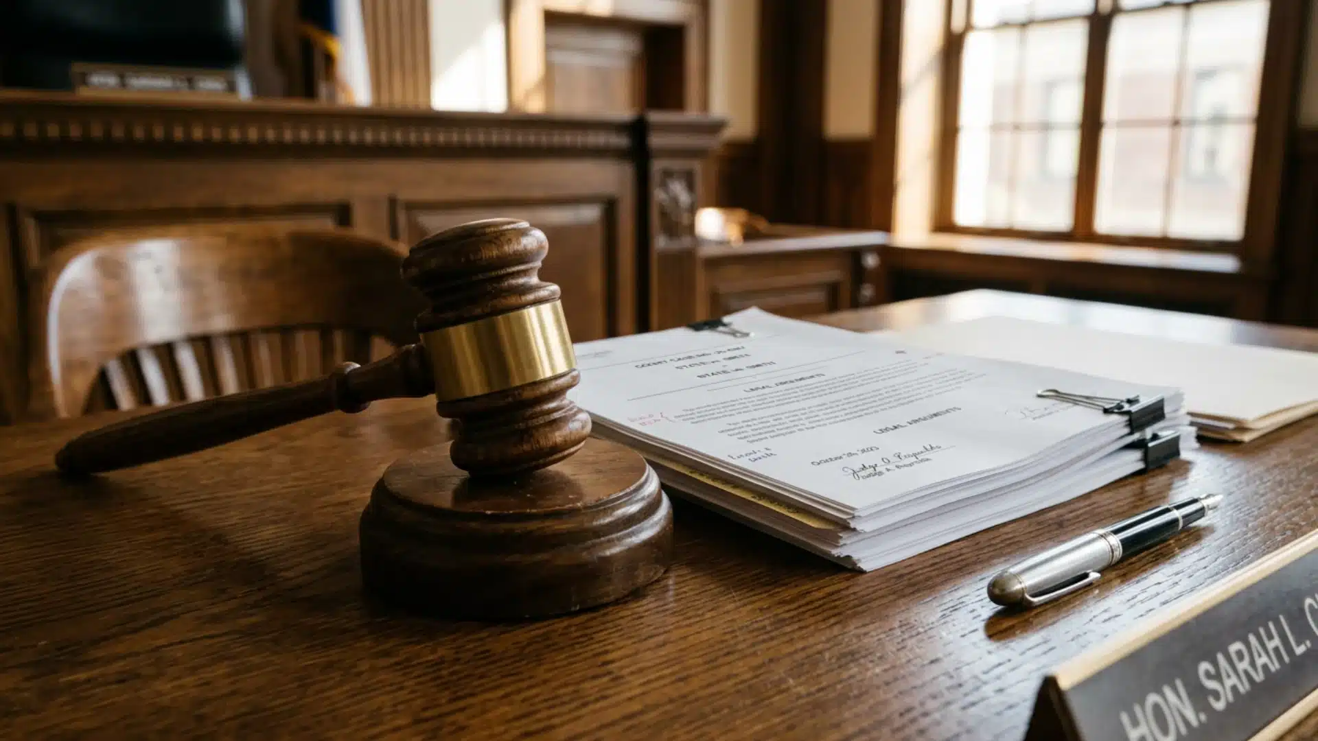 A wooden gavel and a stack of legal documents sit next to a silver fountain pen on a courtroom desk
