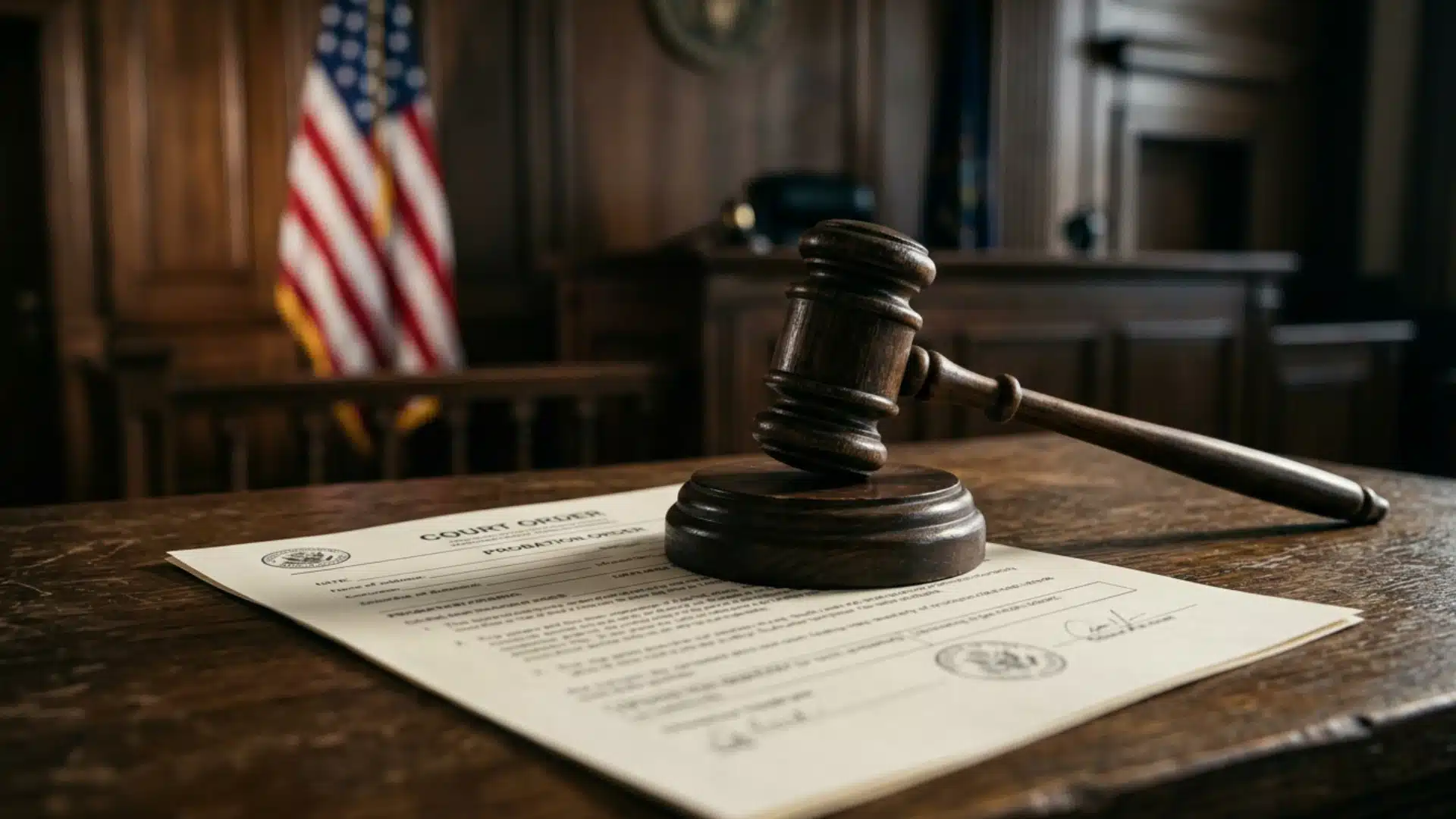 A wooden judge's gavel rests on official court order documents on a desk inside an American courtroom