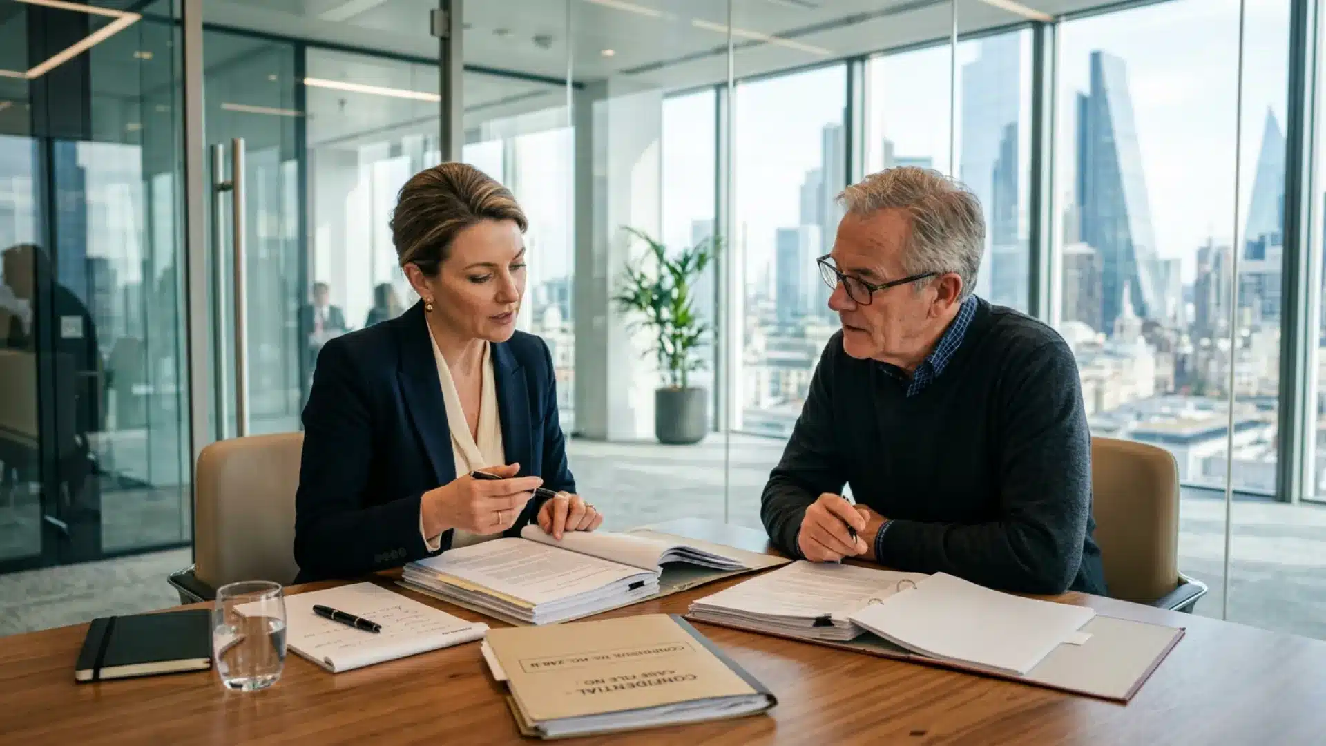 Age discrimination attorney reviewing employment case files with an older worker in a law office consultation.
