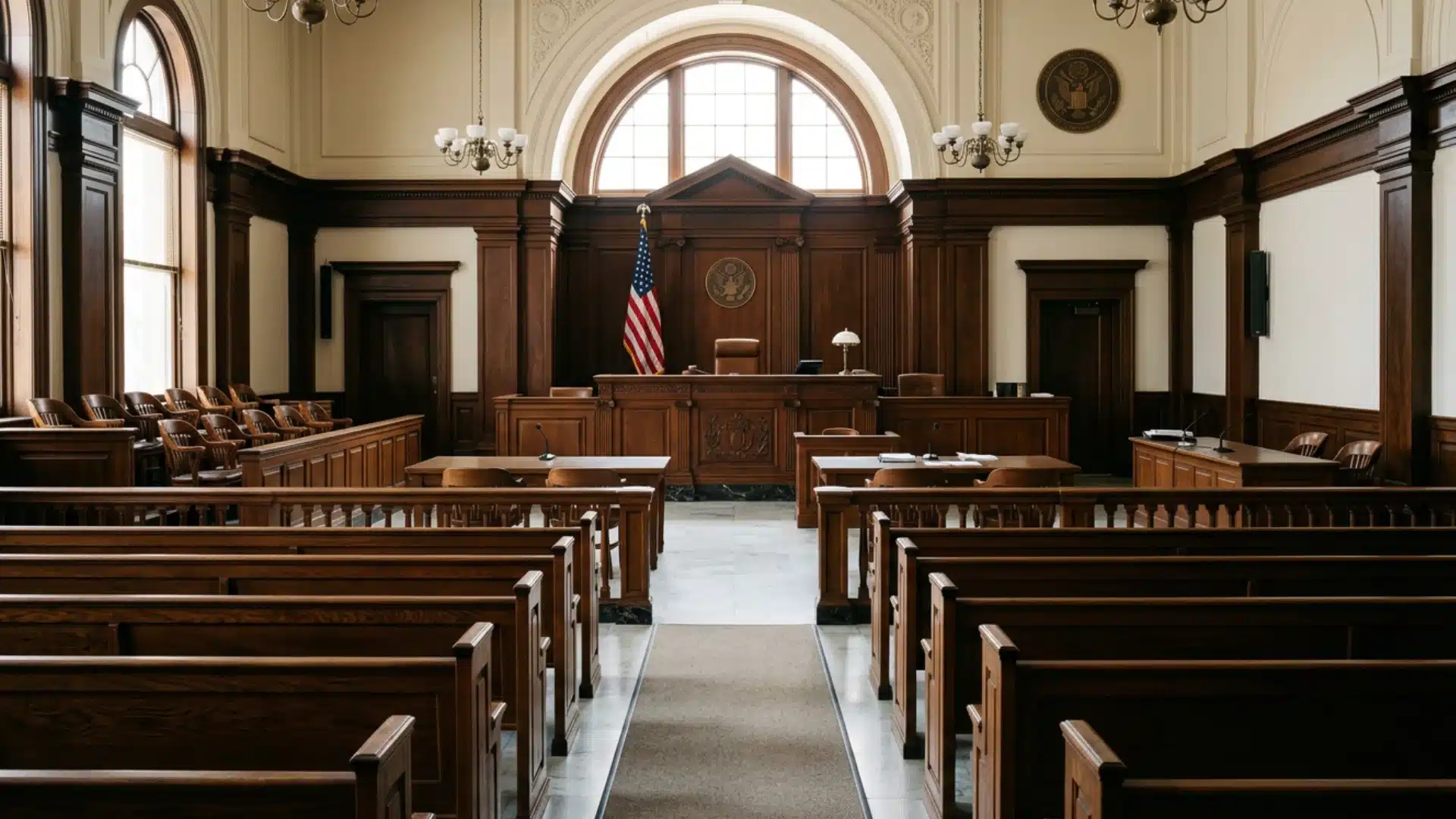 An empty courtroom featuring rows of wooden benches leading toward the judge's bench and an American flag