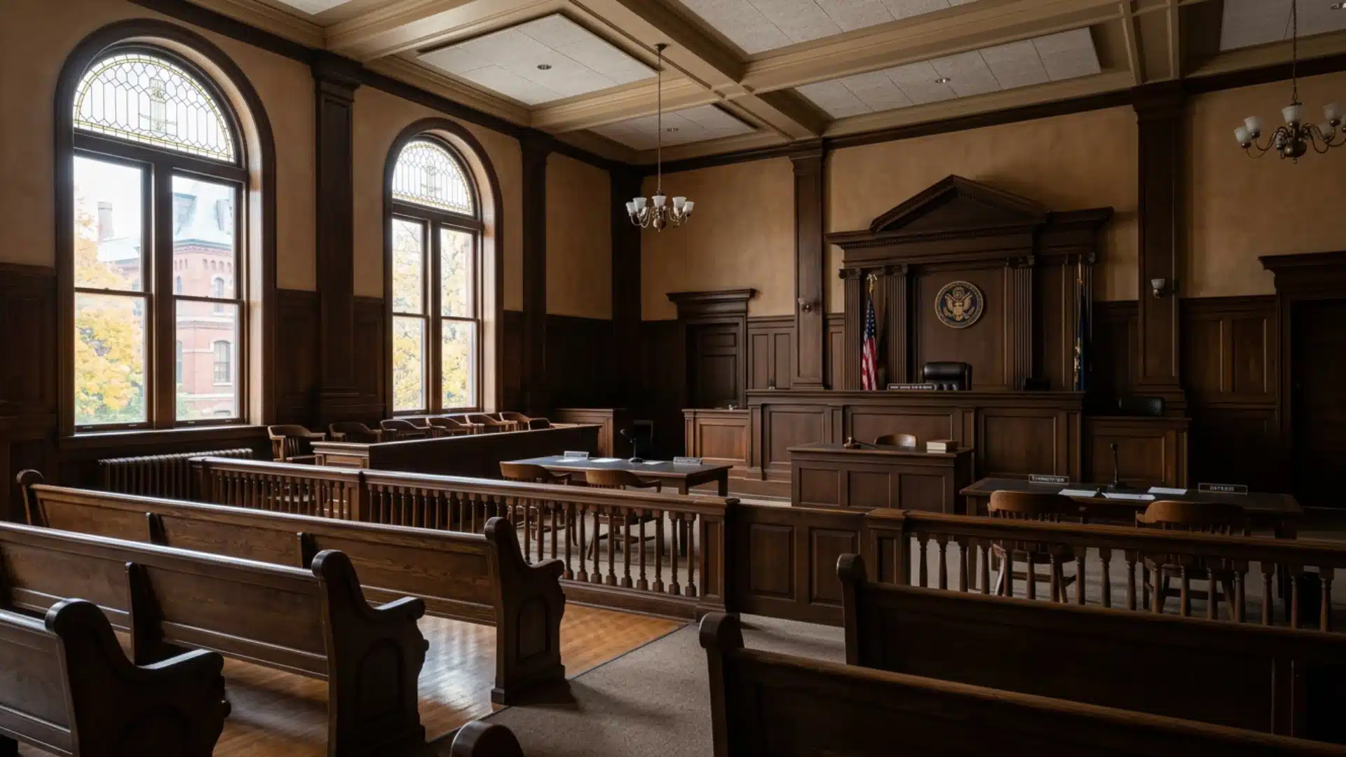 An empty historic courtroom with dark wood paneling, benches, and a judge's bench with an American flag