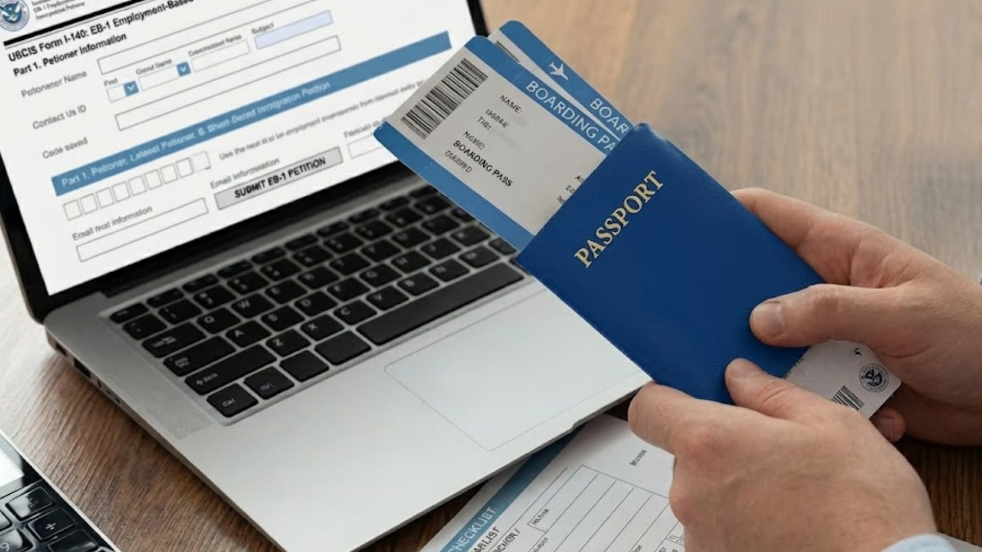 An image showing a businessman holding a passport, boarding pass, and EB-1 application