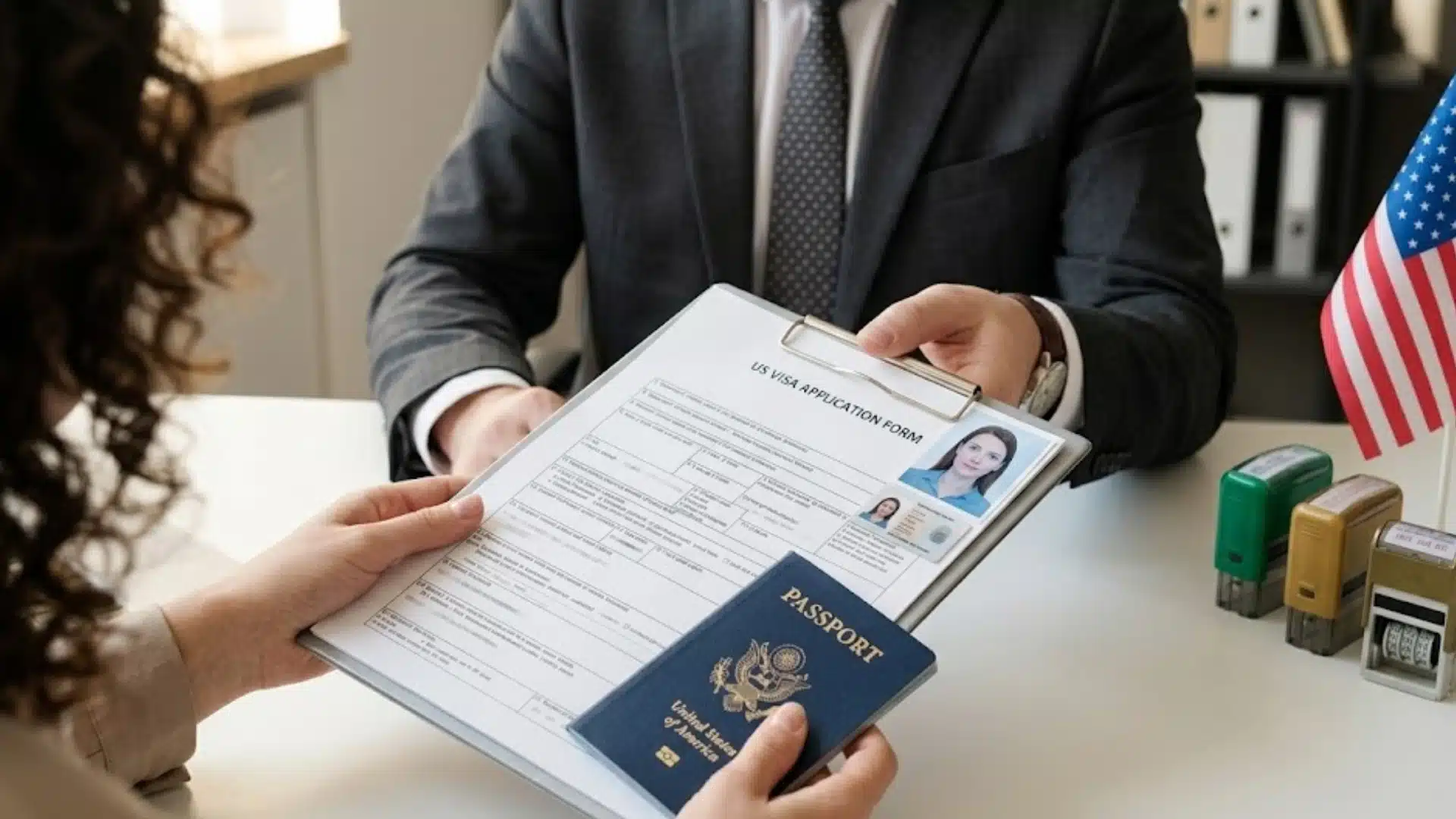 Applicant submitting a visa application form and passport to an immigration officer during a U.S. visa review process