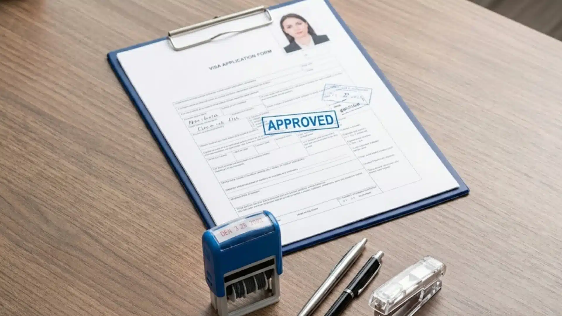 Approved visa application form on a clipboard with stamp, pens, and stapler arranged on a wooden desk