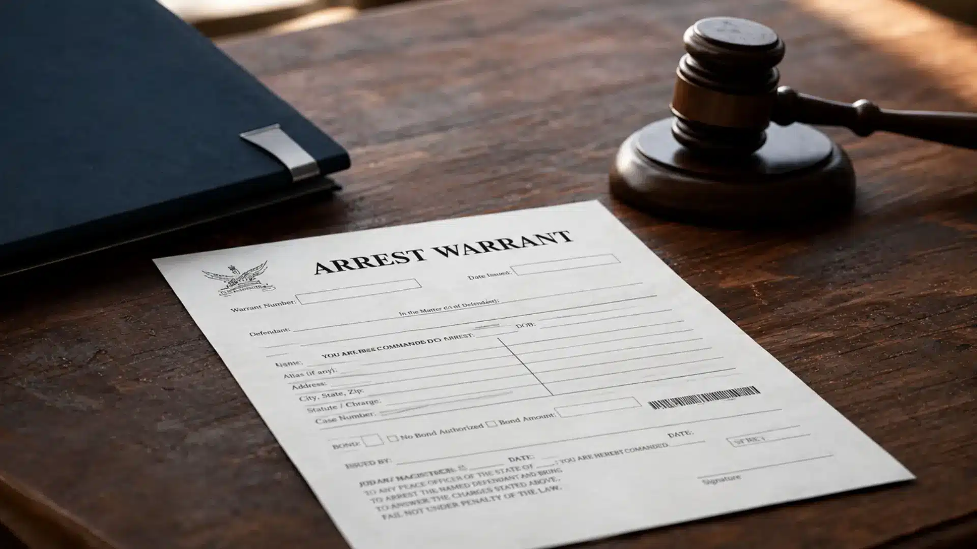 Arrest warrant document on courthouse desk beside judge's gavel