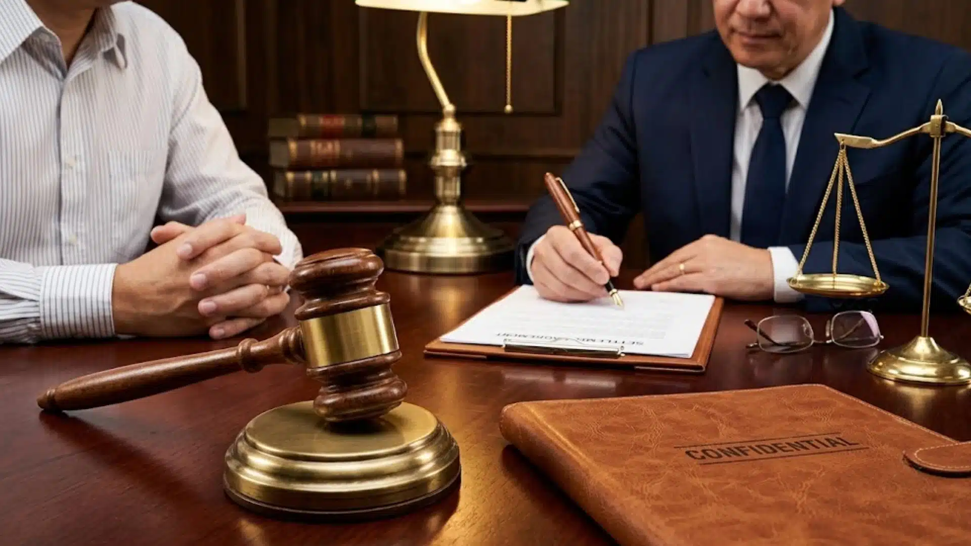 Attorney drafting legal paperwork during client consultation about negligence and malpractice claims