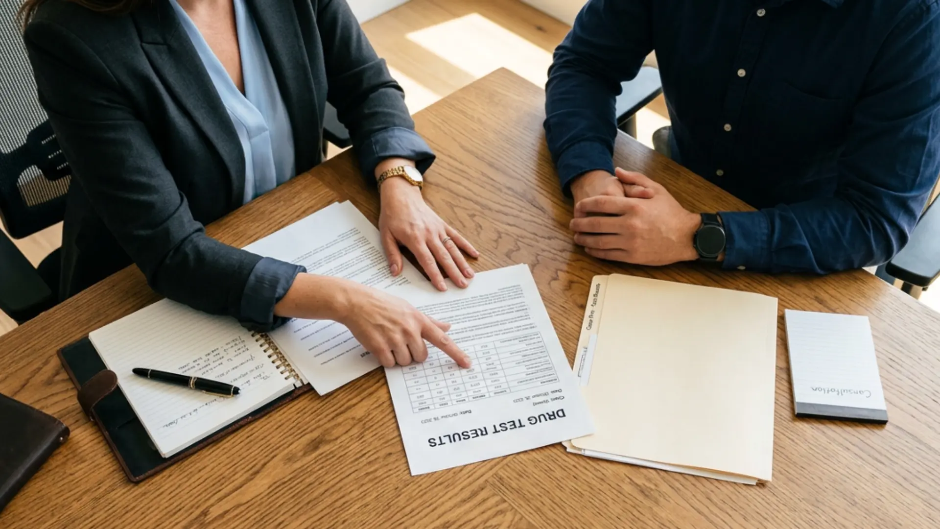 Attorney reviewing drug test results with a client during a legal consultation in a professional law office