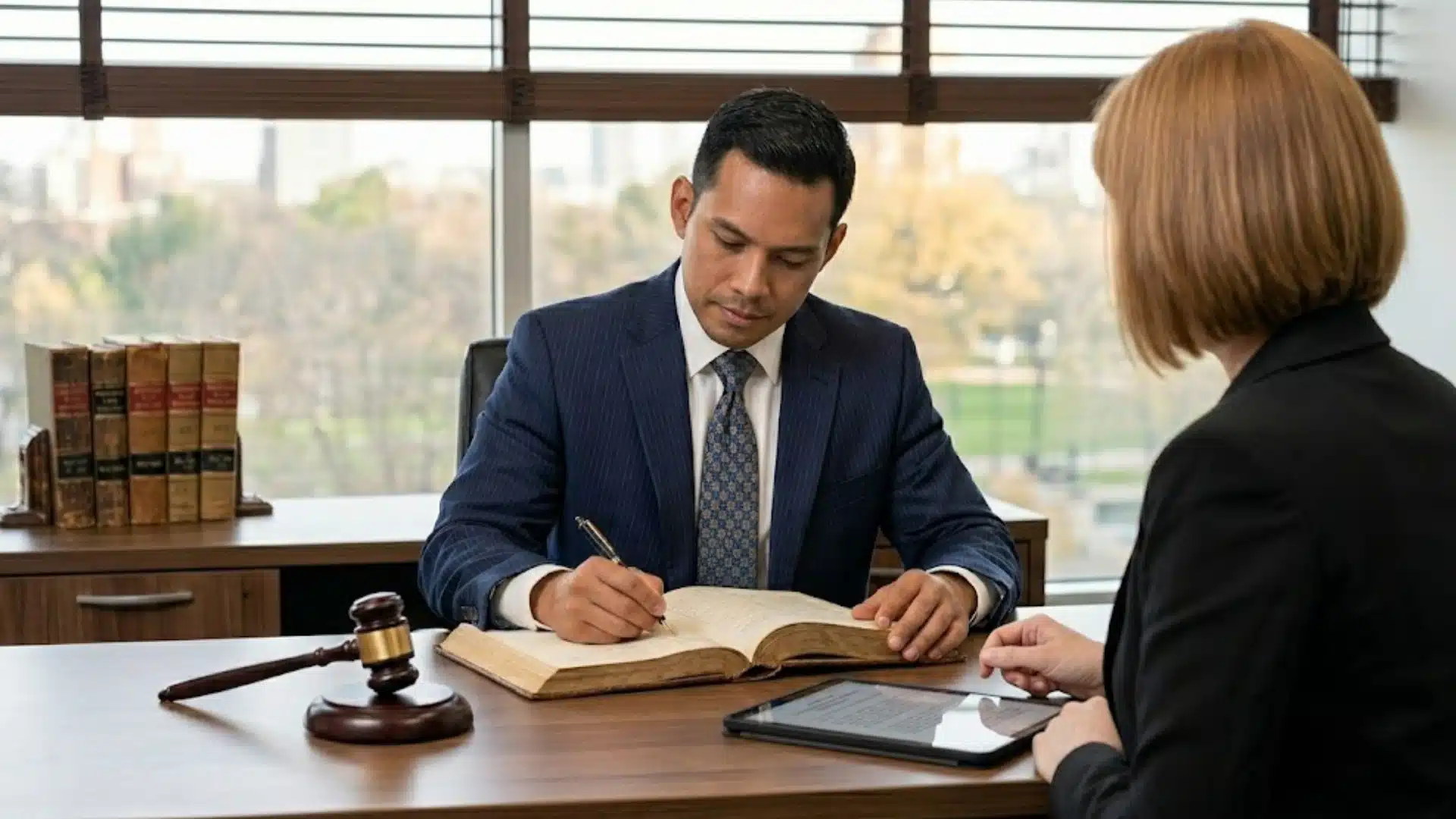 Attorney reviews legal documents with client in office during wrongful arrest lawsuit consultation