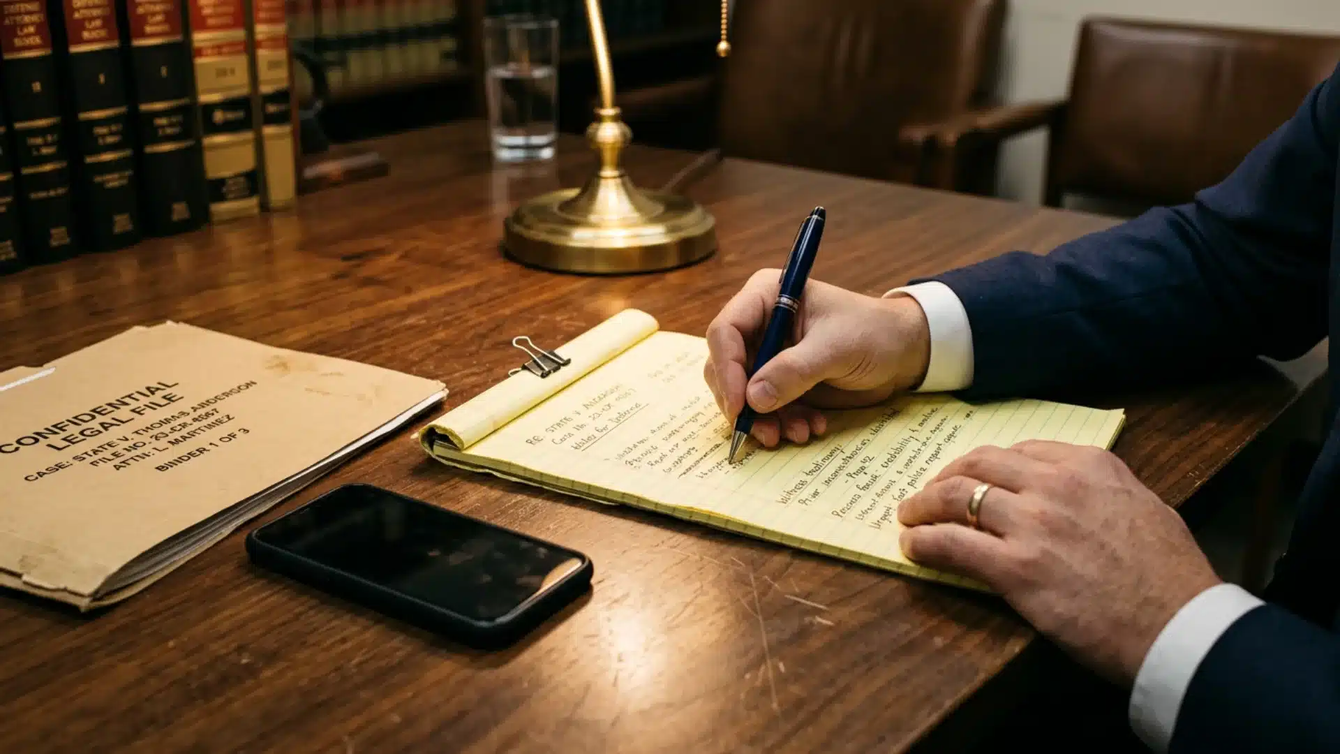 Attorney taking notes on a malice murder case