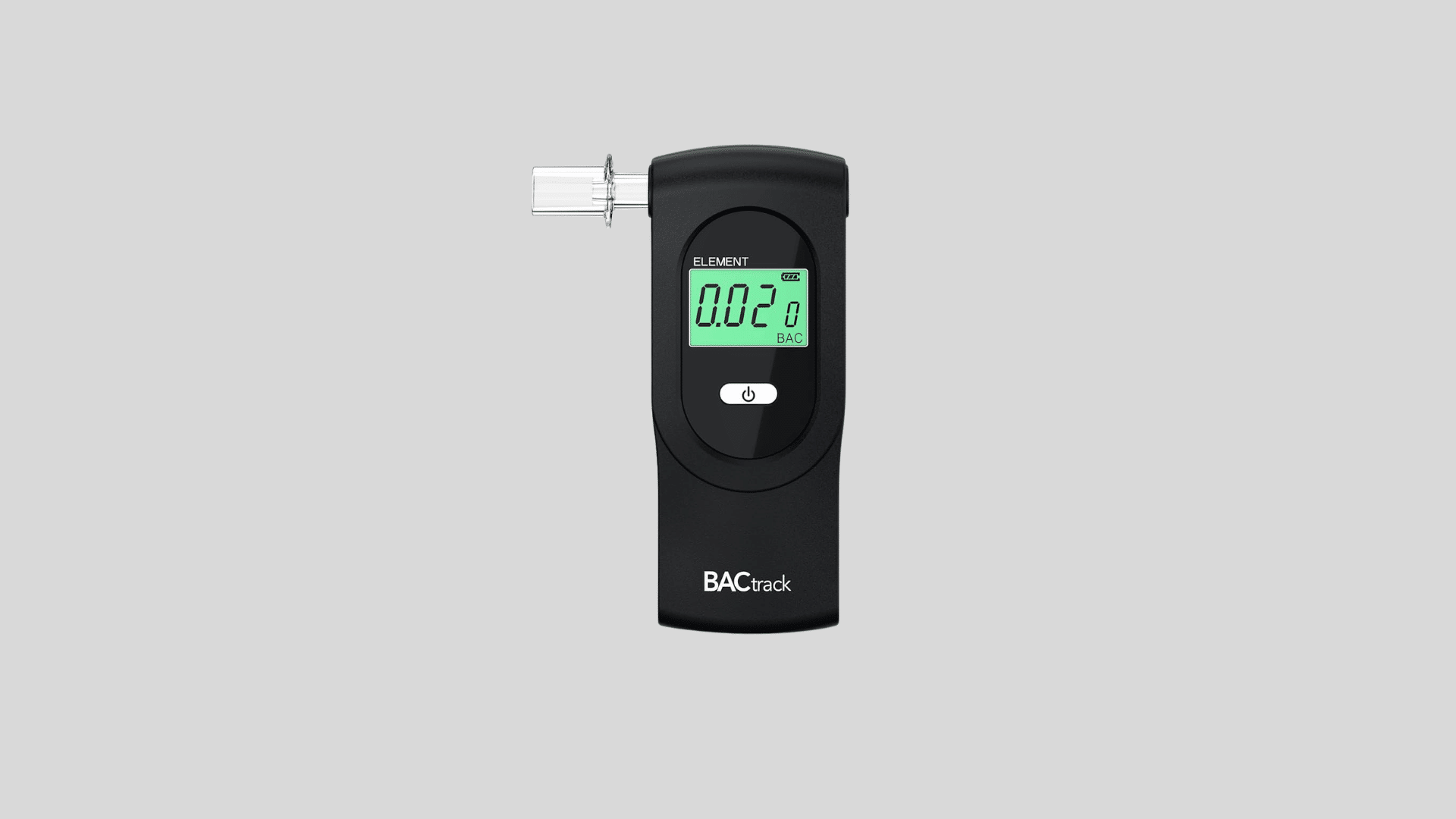 Black BACtrack breathalyzer showing 0.02 BAC reading with clear mouthpiece on white background
