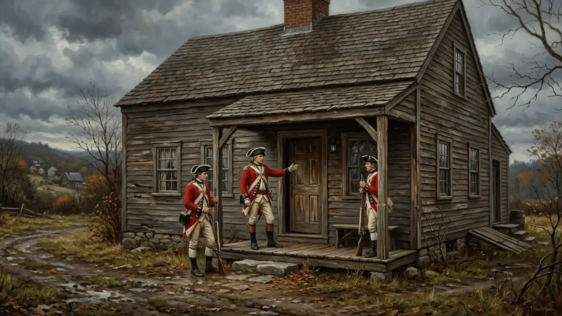 British soldiers at colonial home door, illustrating 3rd amendment rights history and forced quartering