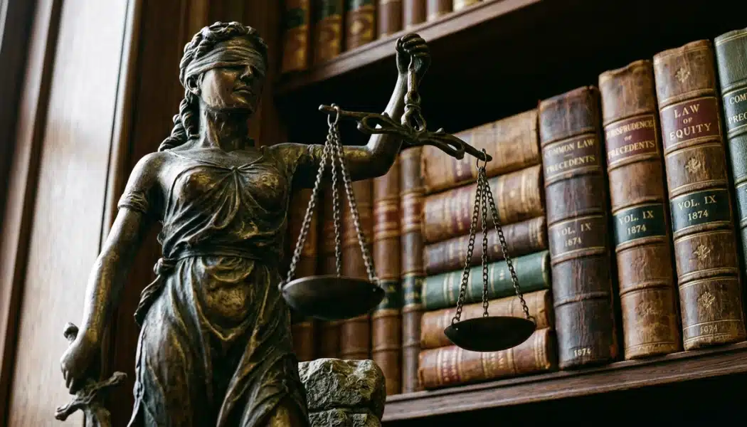 Bronze Lady Justice statue with scales and sword in front of law books