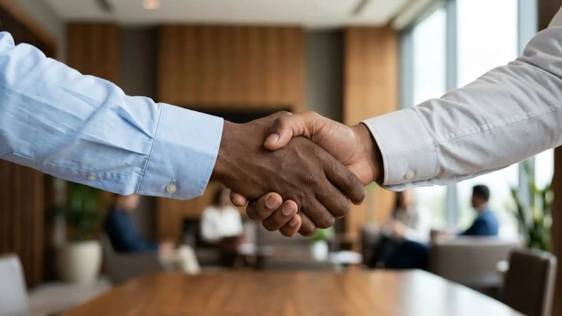 Business handshake after real estate contract agreement in a modern office setting