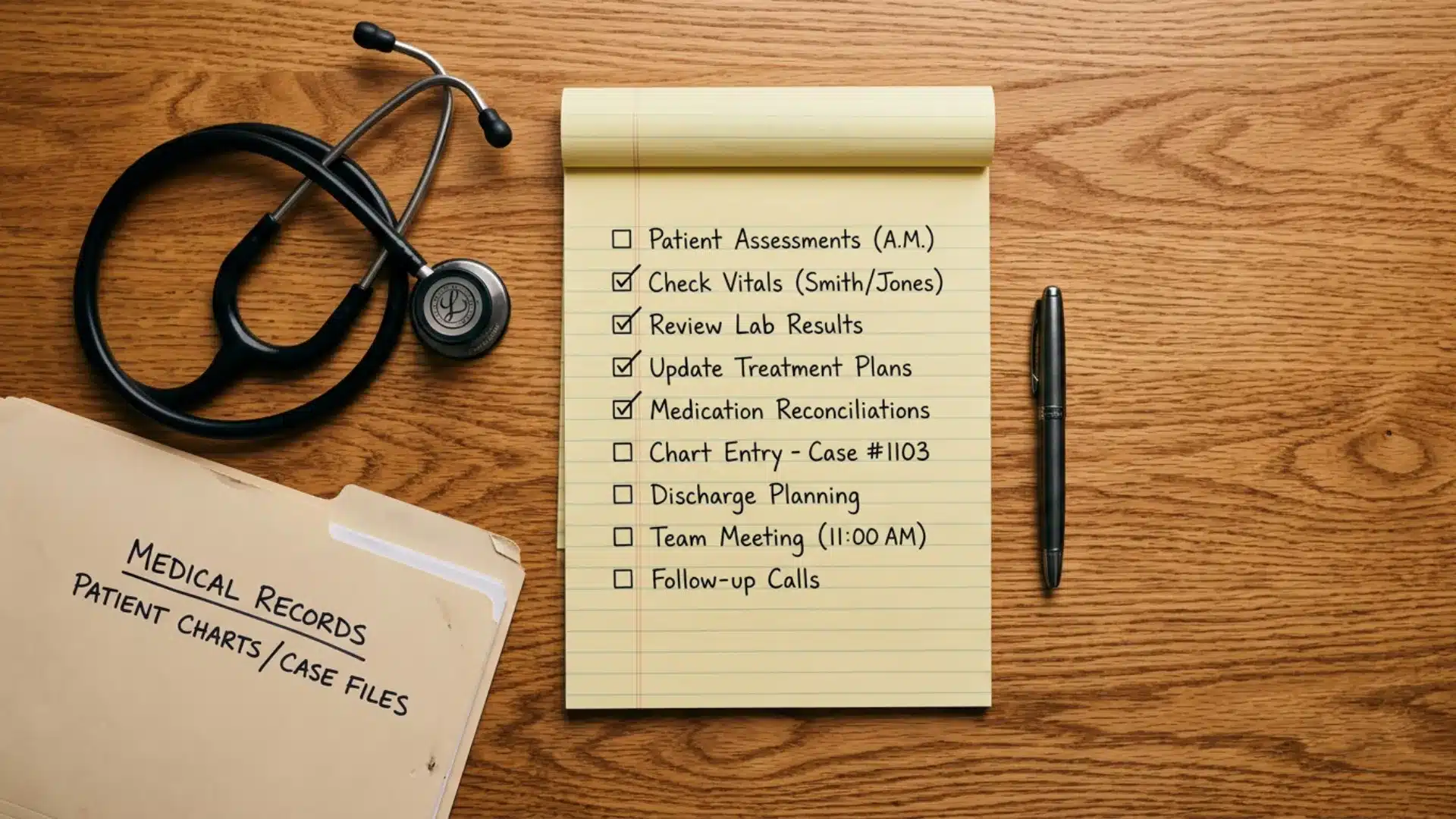 Checklist and medical records on desk for filing a hernia mesh lawsuit