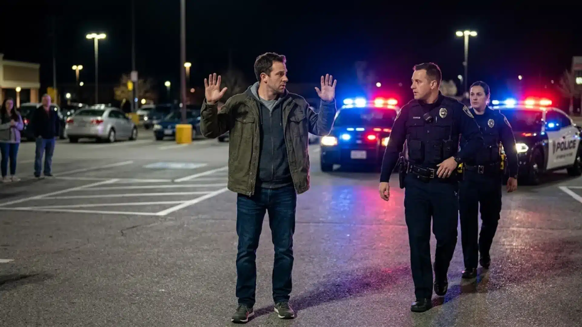 Citizen cooperating with police after making a citizen's arrest in a Colorado parking lot