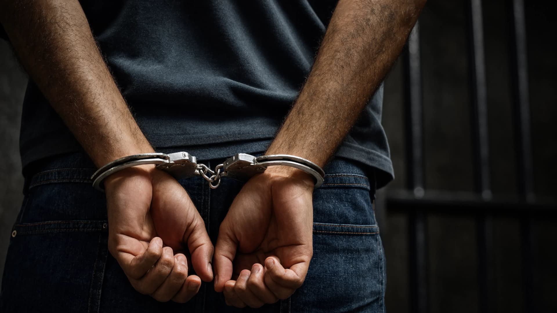 Close-up from behind of a person's hands handcuffed behind their back, with prison bars in the background