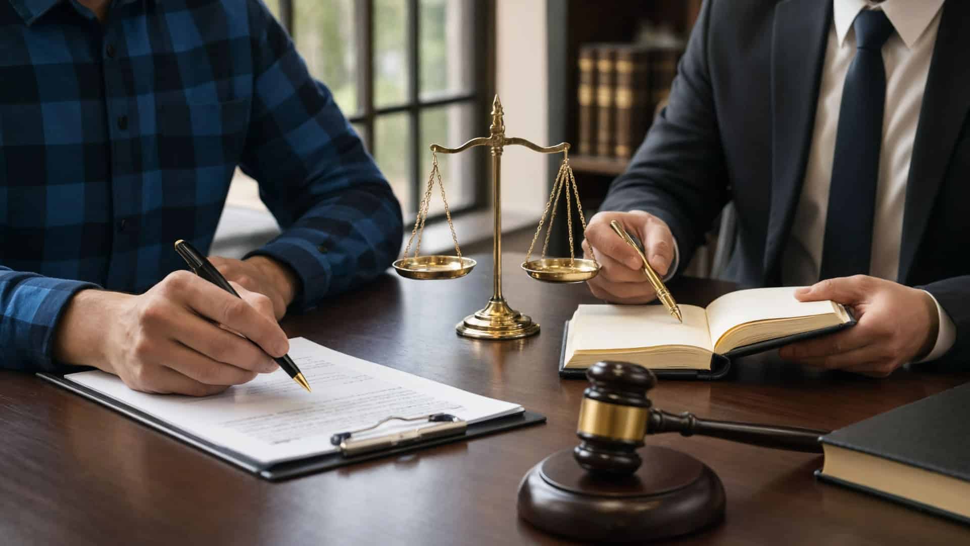 Close-up of a legal consultation with a lawyer in a suit taking notes, a client signing a document, a gavel, and scales of justice