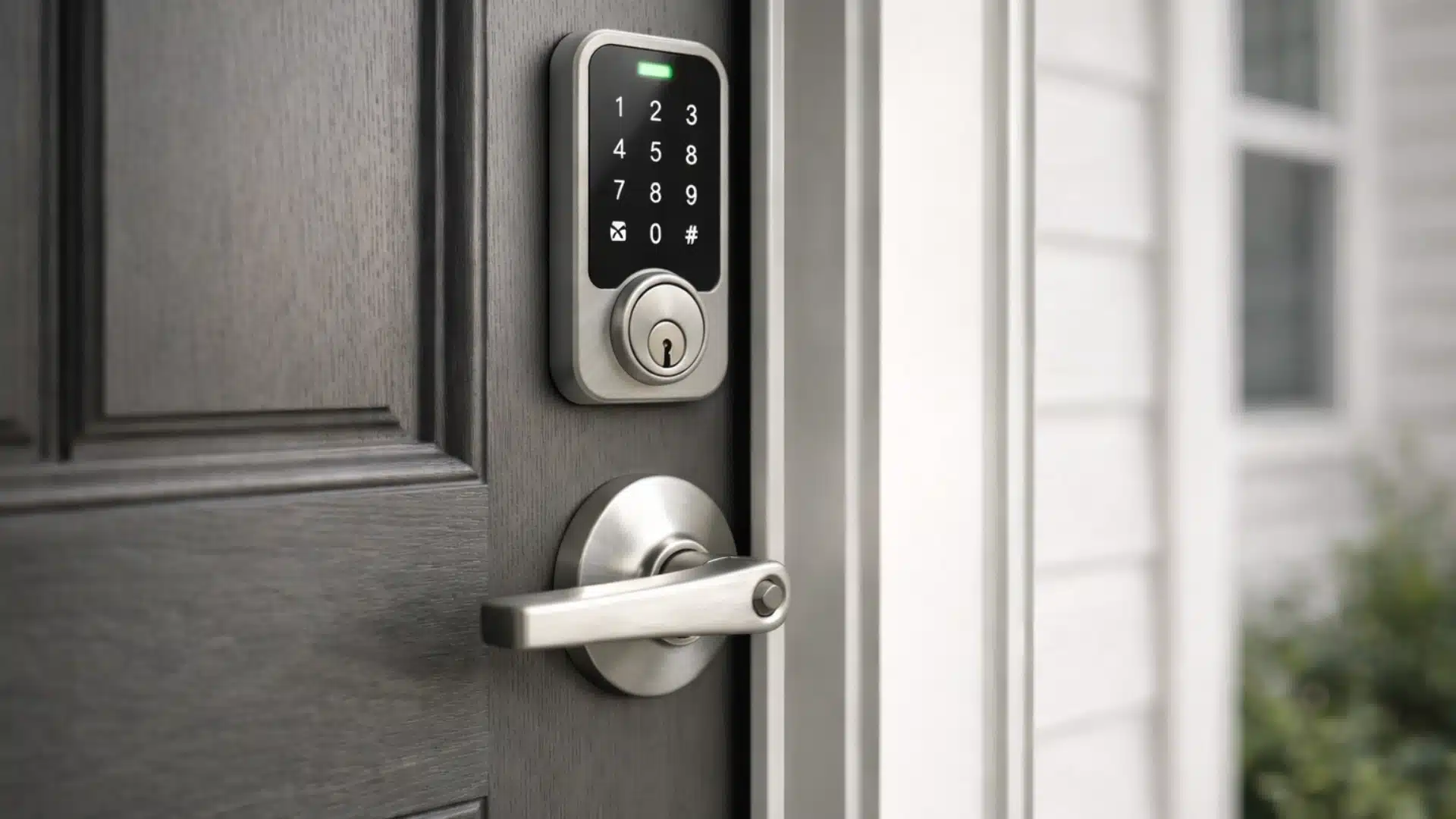 Close-up of a modern front door with a digital keypad lock, secure handle, and deadbolt, highlighting home security features