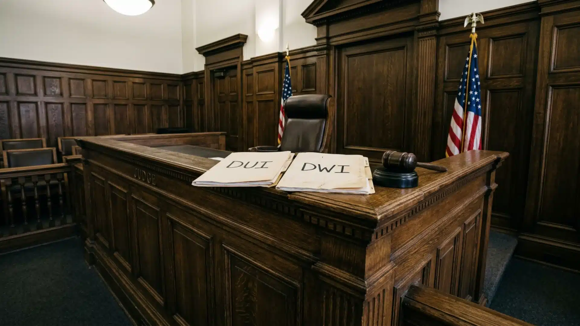Courtroom scene with DUI and DWI case folders on a judge’s bench