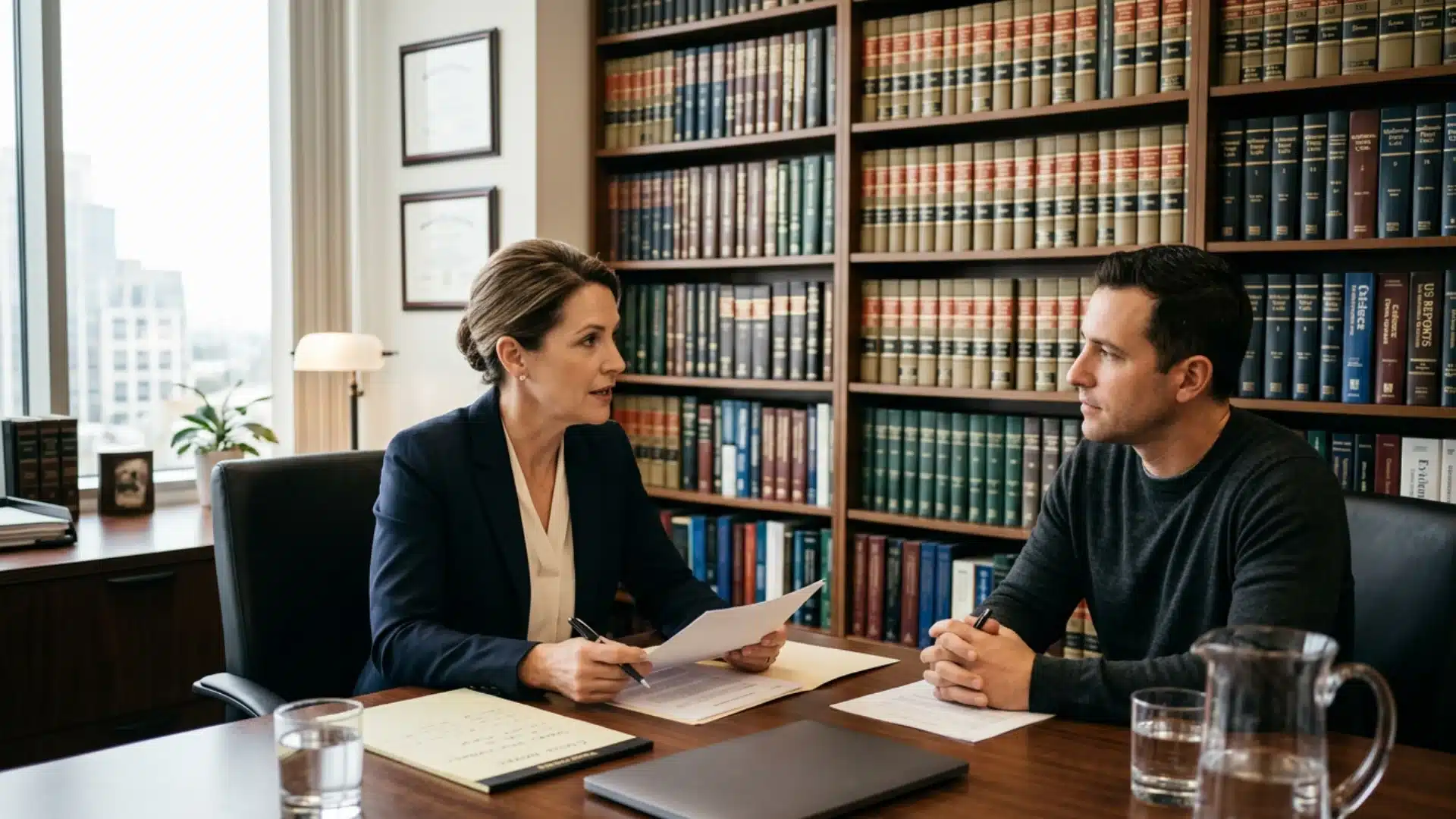 Defense attorney consulting client about unsupervised probation terms and options