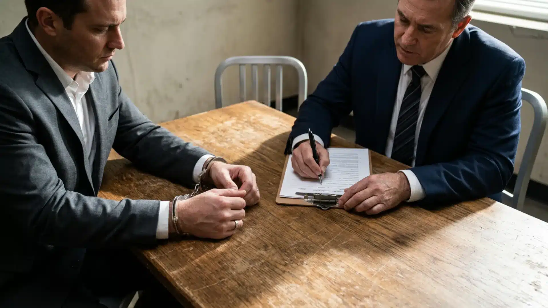 Defense attorney meeting with a handcuffed client to review legal documents