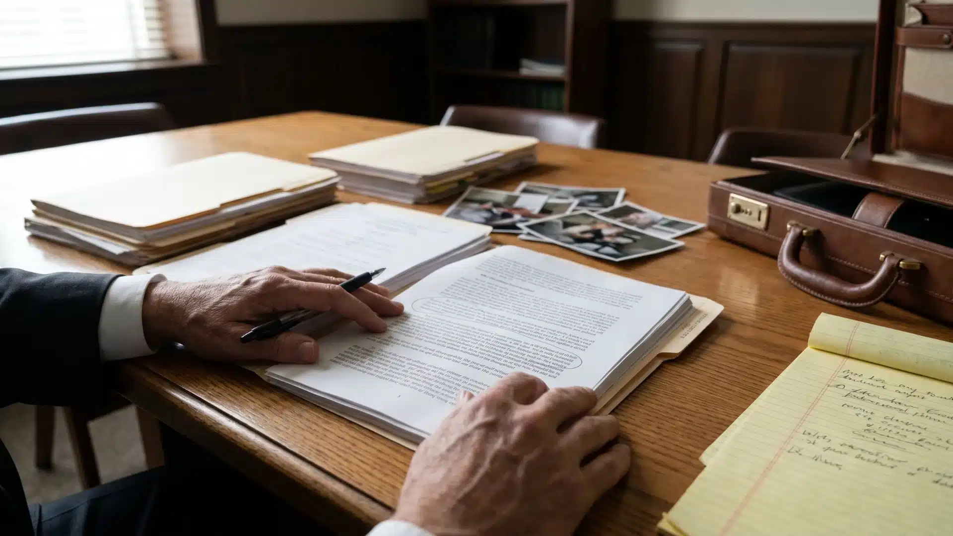 Defense attorney reviewing case documents and evidence files during pretrial preparation