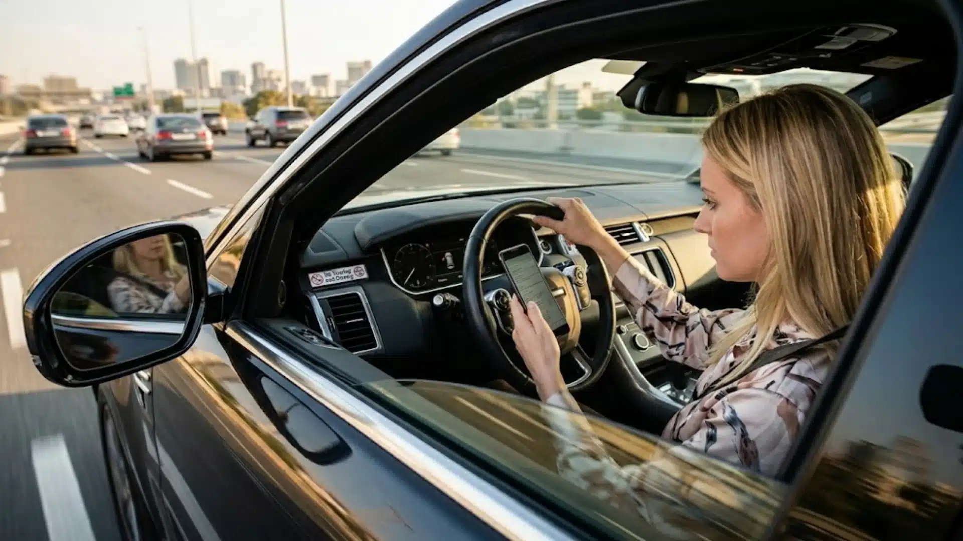 Distracted woman checks her phone while driving through busy city traffic from inside a car