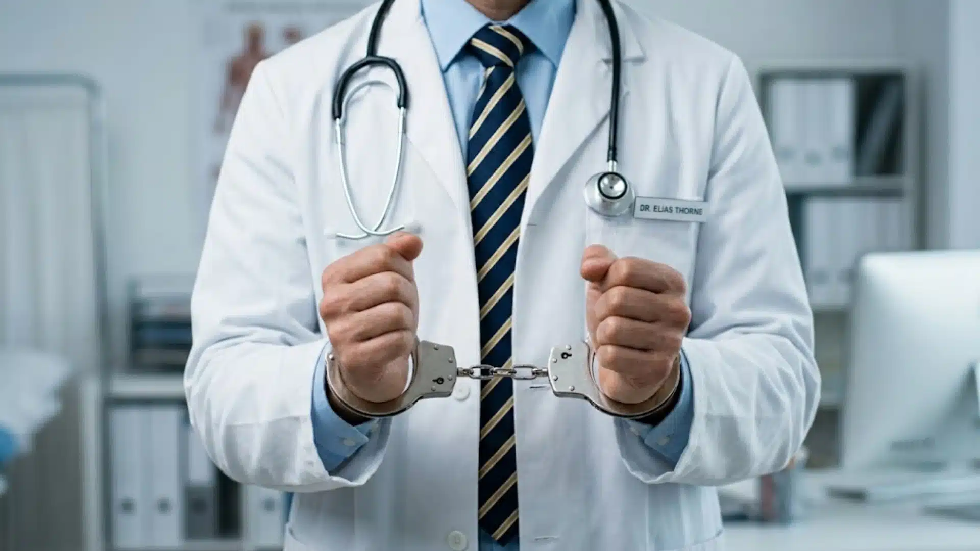 Doctor in handcuffs inside clinic representing medical malpractice and negligence in healthcare law