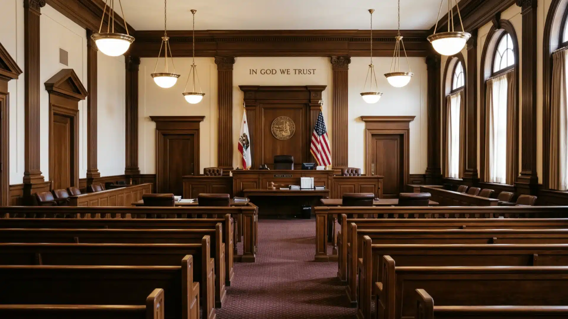 Empty U.S. courtroom interior representing Third Amendment court cases