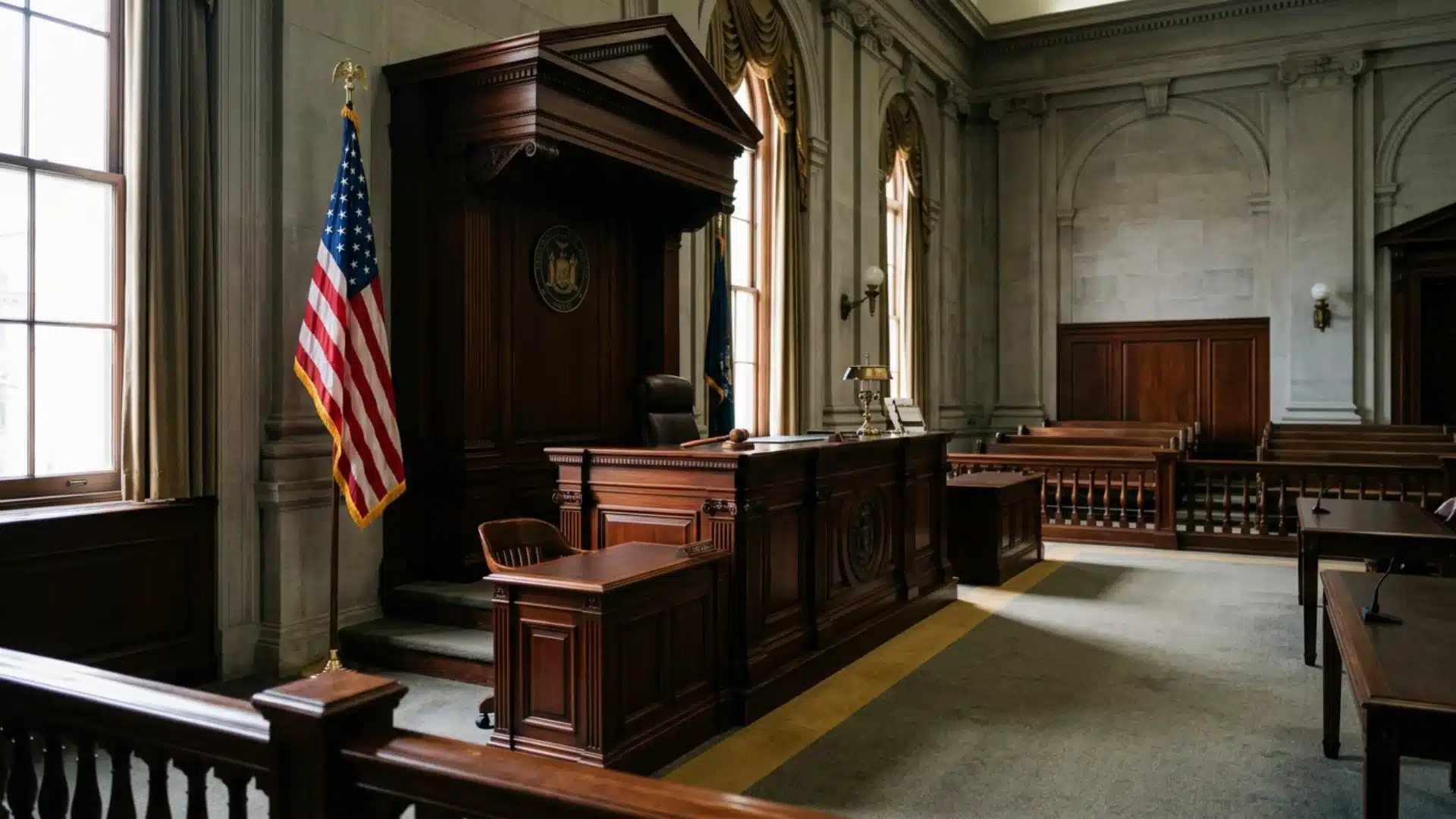 Empty courtroom with judge's bench and gavel, representing shock probation sentencing decisions