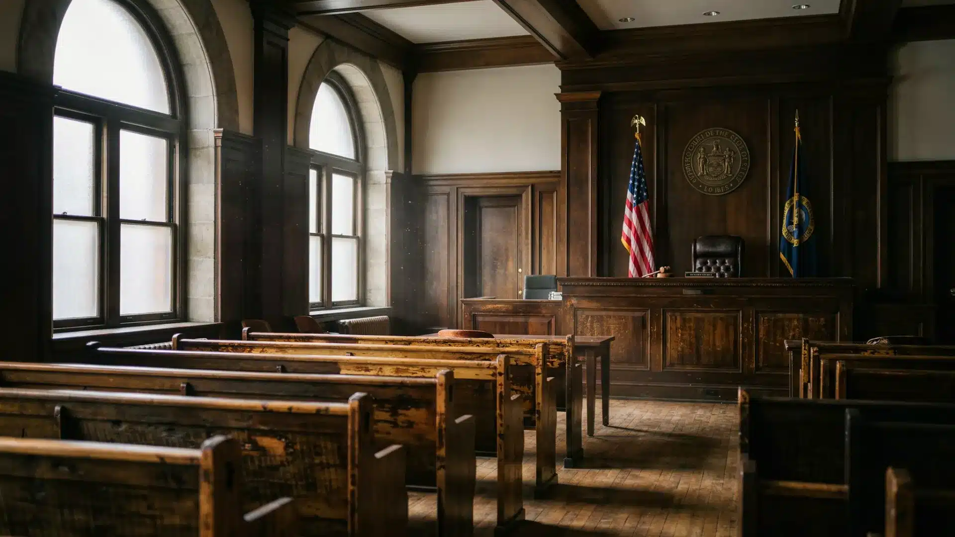 Empty courtroom with judge's gavel on bench, representing what happens after an indictment