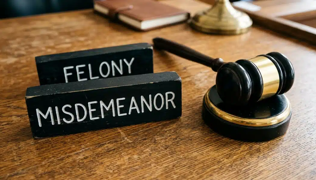 Felony and misdemeanor labels with a judge’s gavel on a courtroom desk